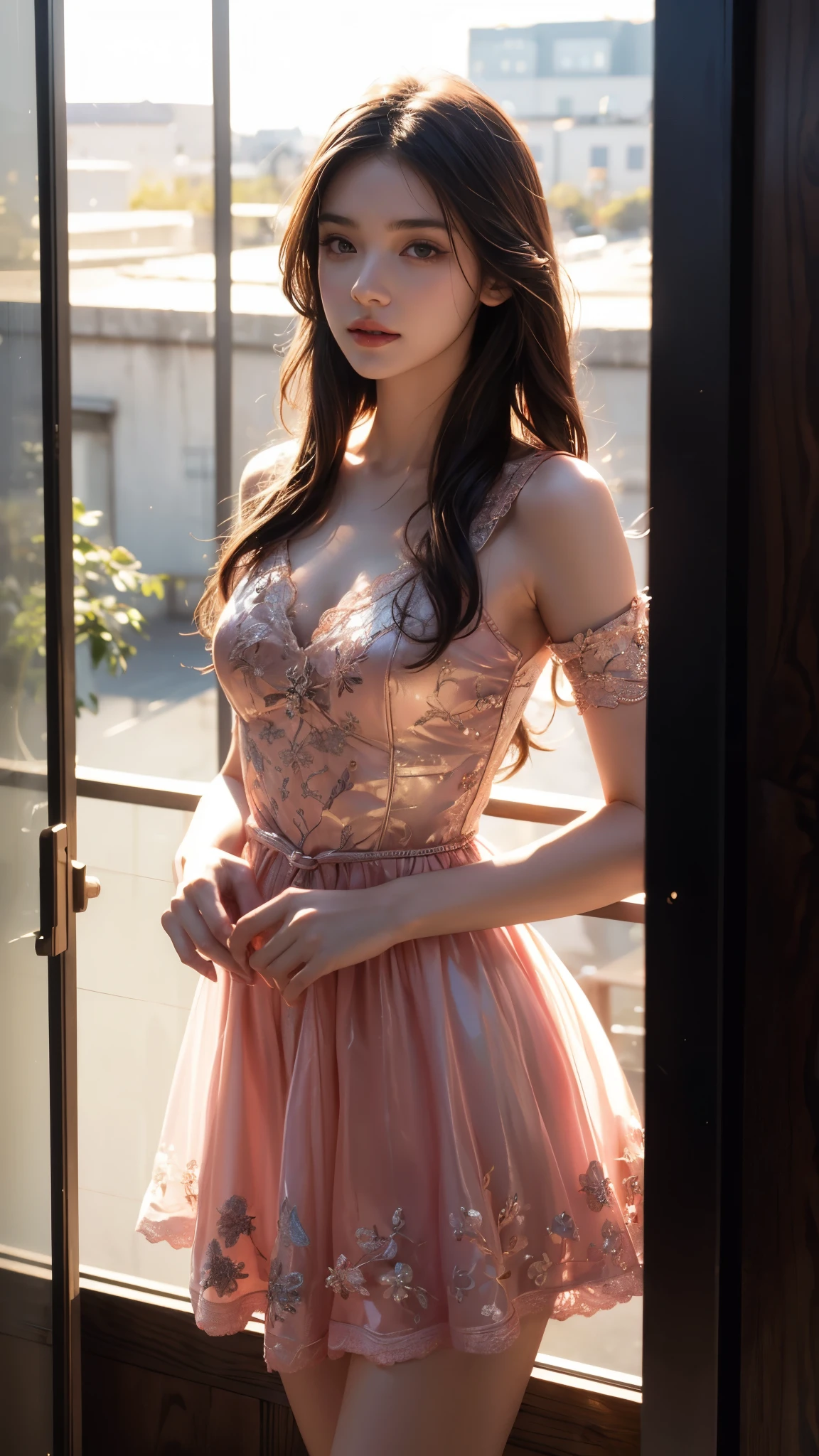 8K, UHD, MAsterpiece, best quality, 1 girl, (realistic face), happy pace, very long hair, small breasts, decorated dress, very beautiful ornaments dress, pink color, lace, mesh dress, sardine, loops, in the balcony, ipllers, depth of field, cinematic lighting, chromatic aberration, motion blur, glowing light, god rays, ray tracing, reflection light, backlighting, knee short,