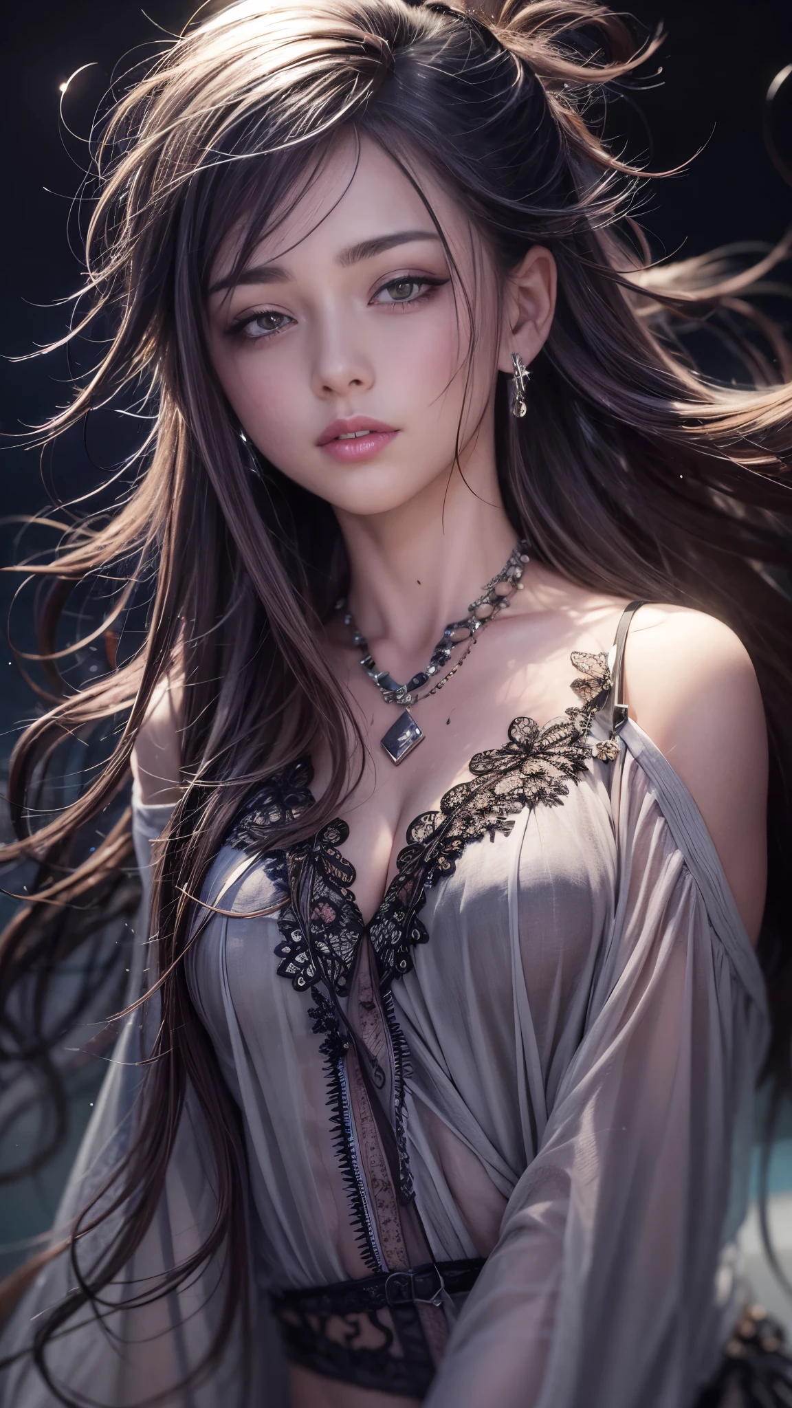 (32k:1.5, Highest quality, masterpiece, Ultra-high resolution), Perfect dynamic composition, Professional camera work:1.6, Very detailedな肌と顔の質感:1.3, Mysterious portrait:1.3, Very accurate, Very detailed, One Girl, ((Night view from the rooftop, The moonlight at night illuminates my body)), (Black Satin Nightgown:0.5), Incredibly slim body, Fair skin, Very beautiful face, (Big eyes that exude beautiful eroticism:0.9, A dreamy look:1.0, I love you with all my heart:0.8, Please open your mouth a little, lipstick, Feel the beautiful eroticism:0.7), (Wet dark brown medium length hair), Candles, The chest is medium, Earrings, necklace, bracelet, Tilt, get up, ((attractive, Hair blowing in the wind))