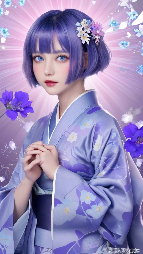 Image size: 9:16、 TikTok Styles and Poses:
・The face is at the center of the image、 Sit in the center、 Image: Holding a blue jewel heart in both hands, with translucent, glossy lips、 Deep blue eyes and silver bob haircut、 Delicate fringe on the forehead, pink flowers in her hair, and kimono-style clothing、 Bright colors and floral design backgrounds and effects:
-Petal-like pattern in the background、 Blue and purple color scheme; Light particles and hazy light effects around; Radiating halo details and textures behind the character: - The character&#39;s skin is smooth and silky. - The heart is a transparent blue gem.、 Intricate floral pattern in the center - Vibrant colors and high contrast throughout