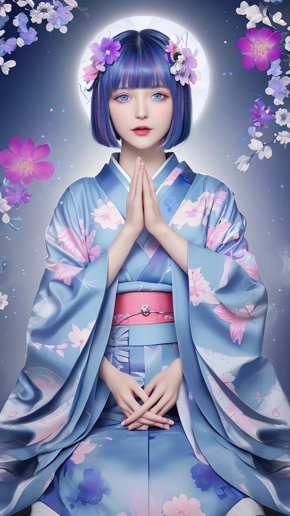 Image size: 9:16、 TikTok Styles and Poses:
・The face is at the center of the image、 Sit in the center、 Image: Holding a blue jewel heart in both hands, with translucent, glossy lips、 Deep blue eyes and silver bob haircut、 Delicate fringe on the forehead, pink flowers in her hair, and kimono-style clothing、 Bright colors and floral design backgrounds and effects:
-Petal-like pattern in the background、 Blue and purple color scheme; Light particles and hazy light effects around; Radiating halo details and textures behind the character: - The character's skin is smooth and silky. - The heart is a transparent blue gem.、 Intricate floral pattern in the center - Vibrant colors and high contrast throughout