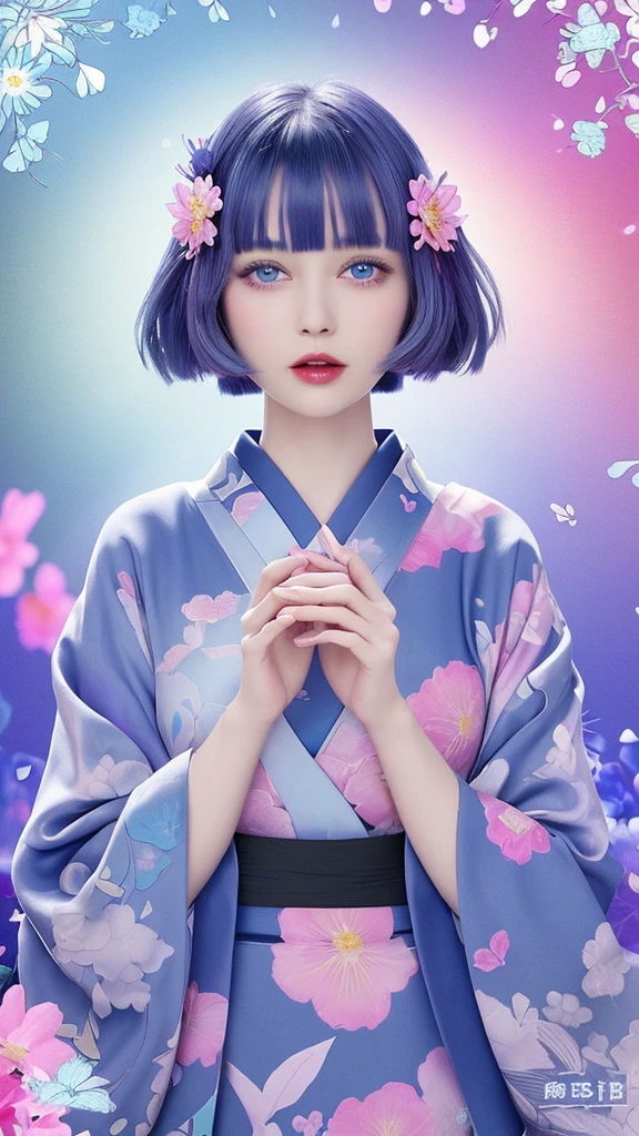 Image size: 9:16、 TikTok Styles and Poses:
・The face is at the center of the image、 Sit in the center、 Image: Holding a blue jewel heart in both hands, with translucent, glossy lips、 Deep blue eyes and silver bob haircut、 Delicate fringe on the forehead, pink flowers in her hair, and kimono-style clothing、 Bright colors and floral design backgrounds and effects:
-Petal-like pattern in the background、 Blue and purple color scheme; Light particles and hazy light effects around; Radiating halo details and textures behind the character: - The character's skin is smooth and silky. - The heart is a transparent blue gem.、 Intricate floral pattern in the center - Vibrant colors and high contrast throughout
