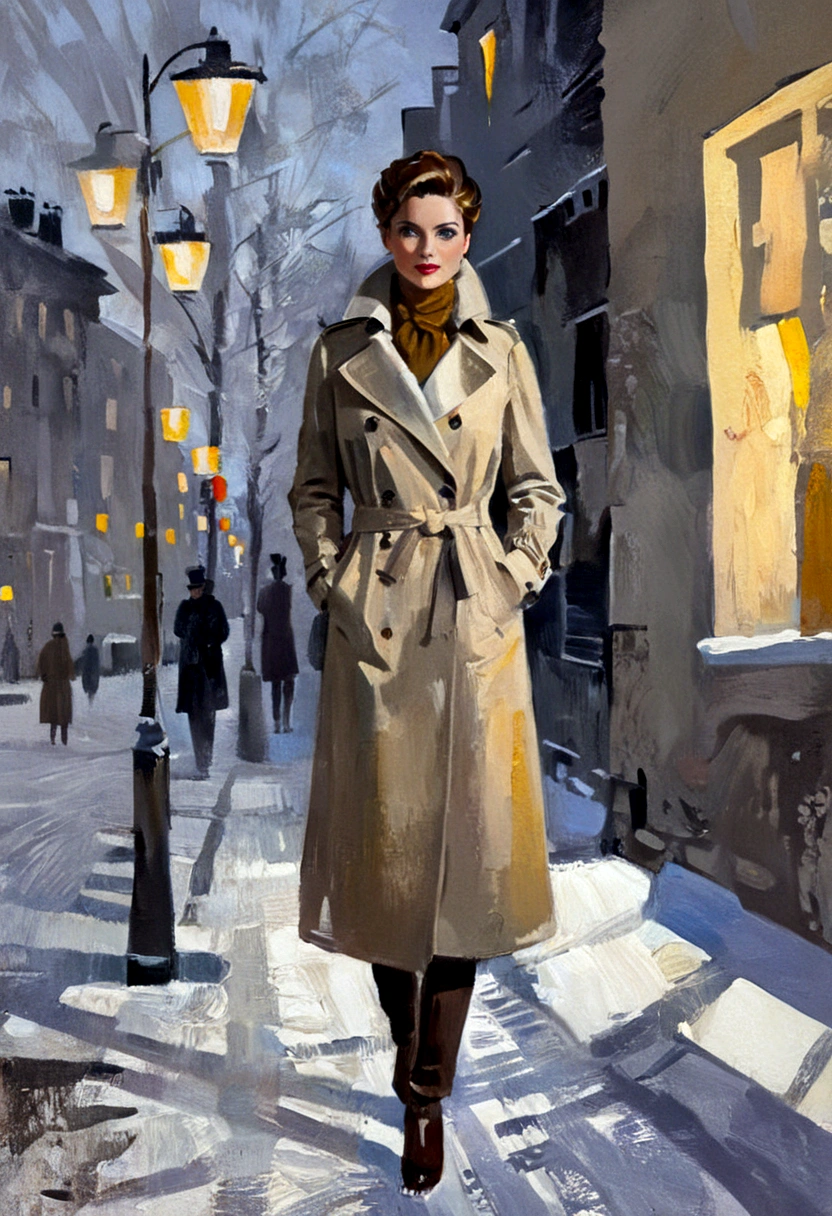 Create an impressionistic painting of an elegant woman in a trench coat standing on a snowy city street at dusk, The scene should include warm glowing lights from buildings and street lamps reflecting off the wet pavement, with a distant Christmas tree providing a focal point in the composition, Use a palette of warm yellows, browns, and whites against cooler snow tones to convey the chill of winter juxtaposed with the warmth of festive lights, oil panting,