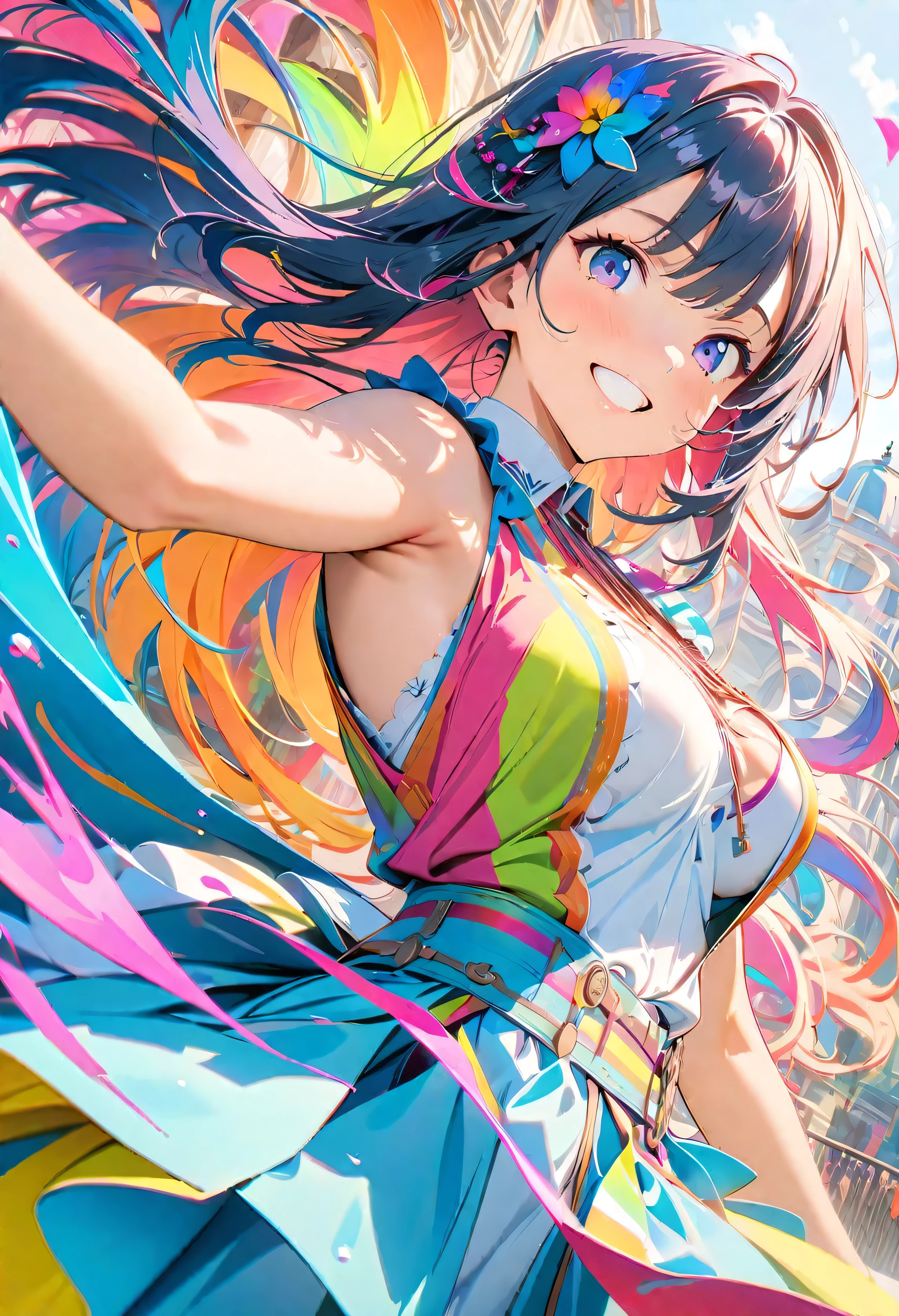 (masterpiece, Highest quality, Official Art:1.2), (colorful), Perfect Anatomy, Looking at the audience,One Girl, alone, White Background, floating colorful water, Ultra-fine illustrations, Highly Details, Dynamic Angle, Beautiful detailed, 8K, 壊す smiling amidst the colorful scenes, (High resolution), Anime Style