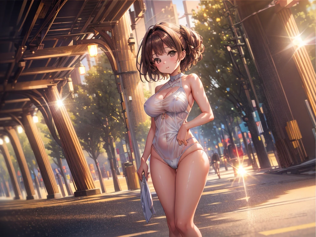 (2young girls), (best quality), (ultra-detailed), illustration, (detailed light), (an extremely delicate and beautiful), brown hair, brown eyes, model, (Beautiful big breasts:1.3), bare shoulders, (bare breasts:1.2), best quality, extremely detailed CG unified 8k wallpaper, High-definition raw color photos, professional photography, (((Bokeh))), depth of fields, beach, sea, twilight, sunset,