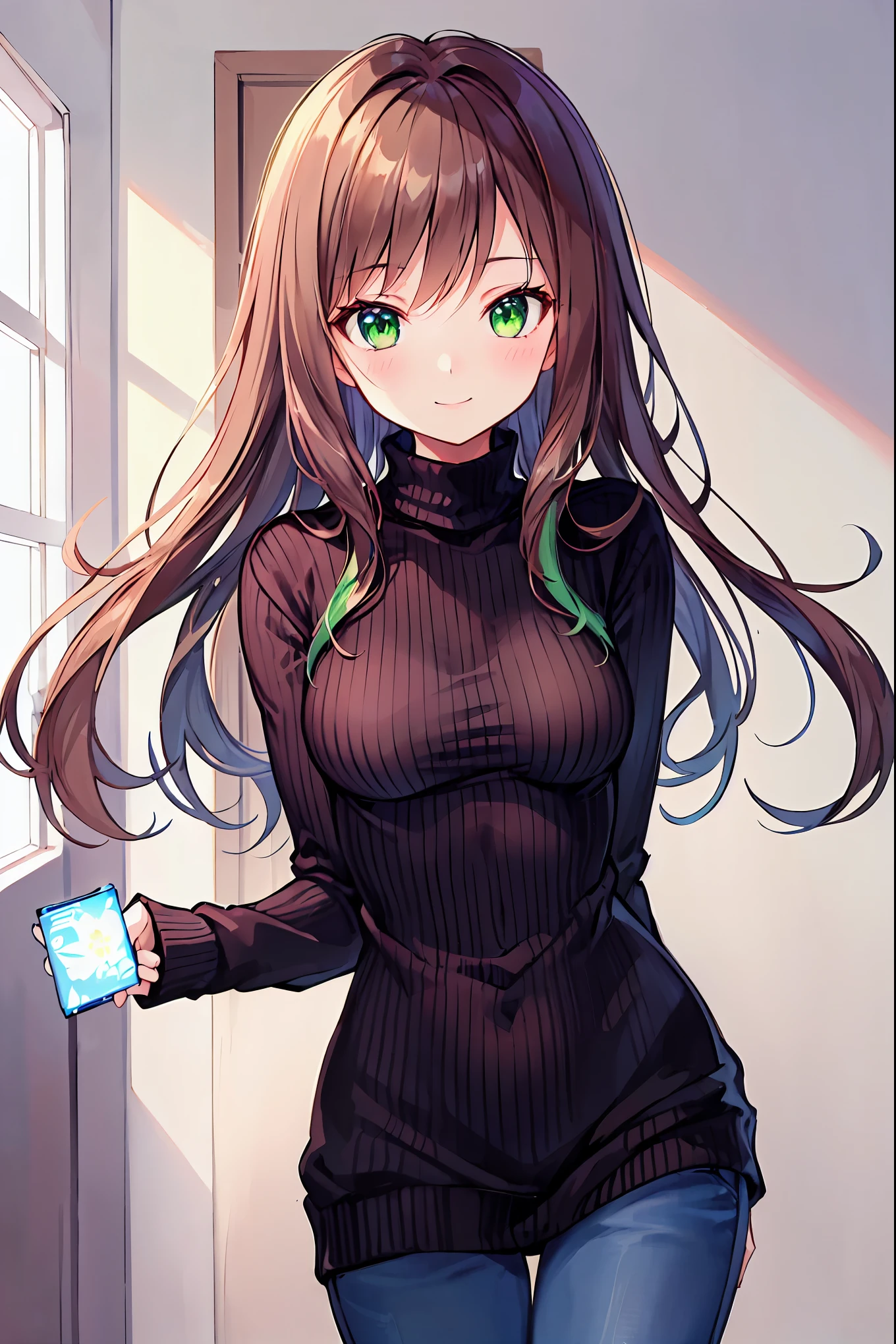 Beautifully detailed、High resolution portrait masterpiece of a girl with long hair。, Shiny brown hair and captivating green eyes, Wear a cozy sweater、She has a gorgeous smile that accentuates her small but perfectly shaped breasts..Small breasts,Slender body
