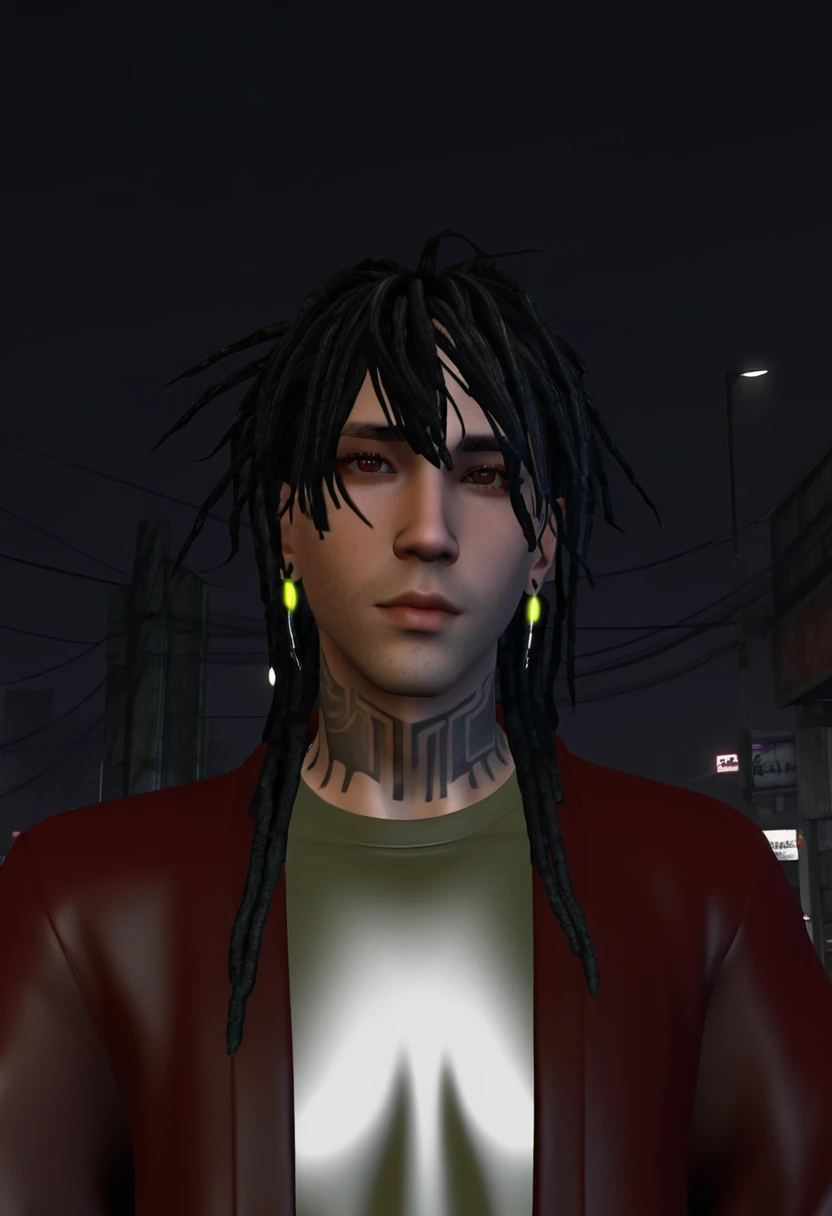 there is a man with dreadlocks and a rot jacket, second life avatar, full body close-up, Full-body close-up, calibrated ears, upper body avatar, piercing look, close up half body photo, ((rot)) bulging eyes, full head shot, half body head shot, highly_detailded_face!!!, ovelha, cyberpunk street henchman
