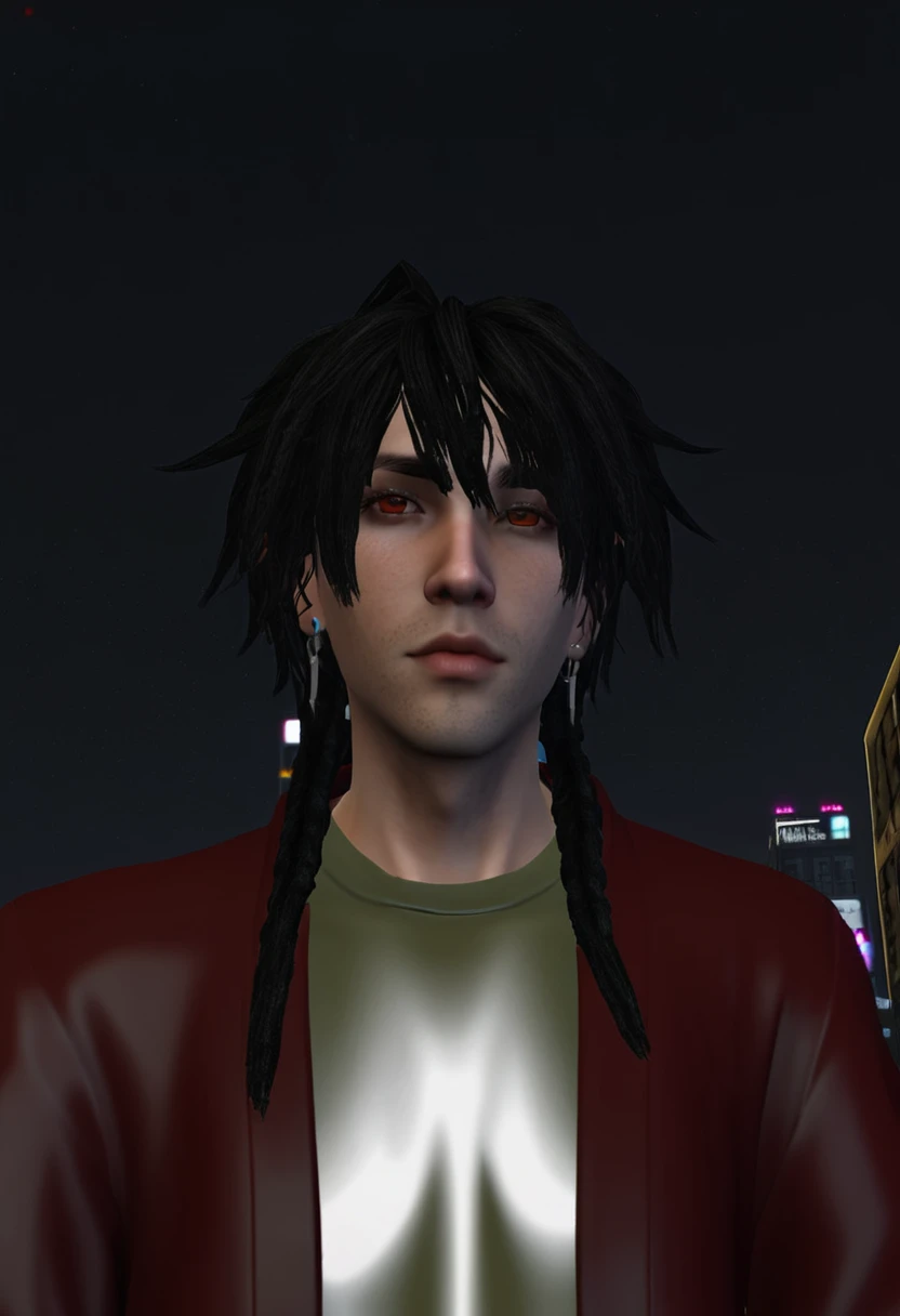 there is a man with dreadlocks and a rot jacket, second life avatar, full body close-up, Full-body close-up, calibrated ears, upper body avatar, piercing look, close up half body photo, ((rot)) bulging eyes, full head shot, half body head shot, highly_detailded_face!!!, ovelha, cyberpunk street henchman