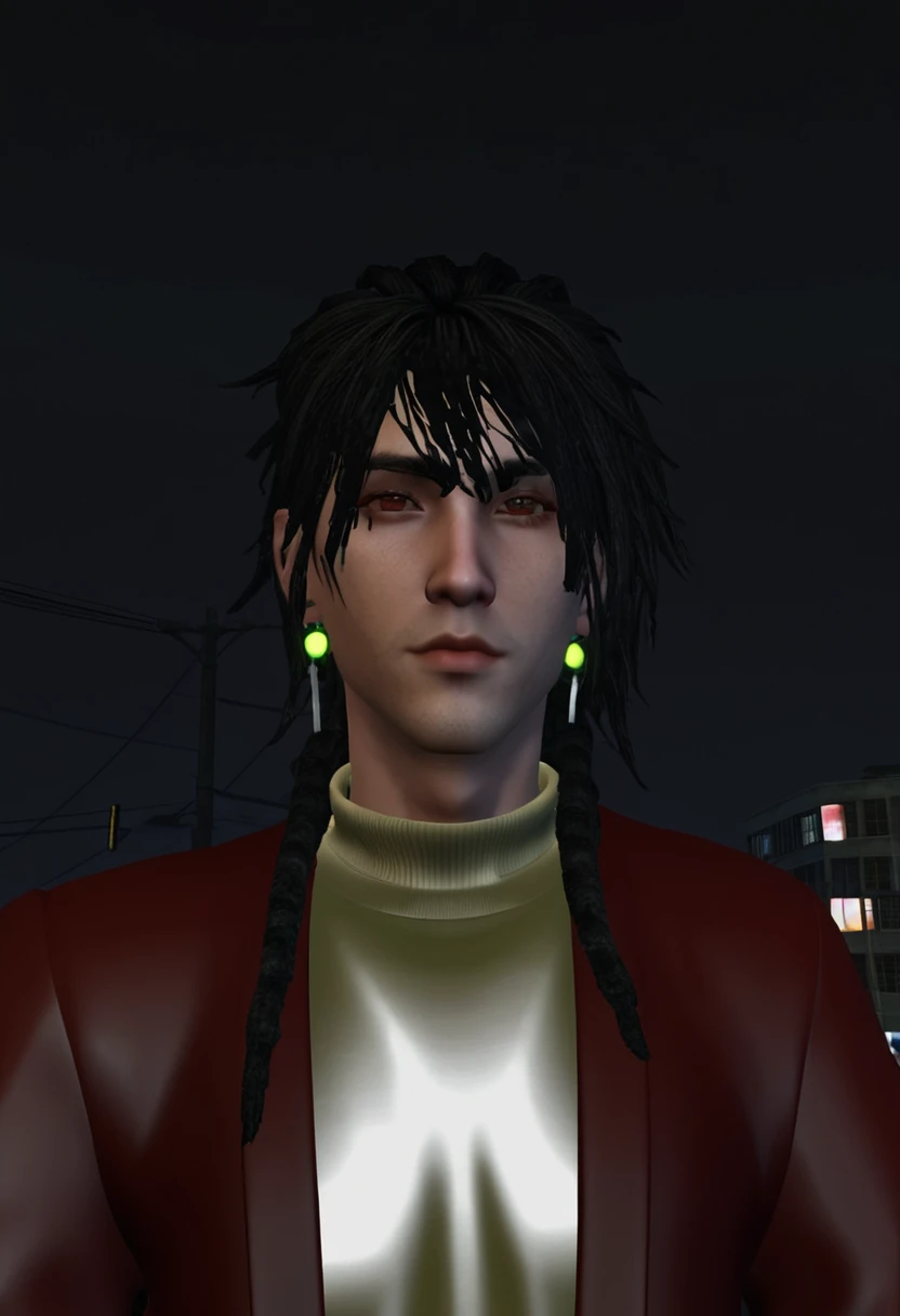 there is a man with dreadlocks and a rot jacket, second life avatar, full body close-up, Full-body close-up, calibrated ears, upper body avatar, piercing look, close up half body photo, ((rot)) bulging eyes, full head shot, half body head shot, highly_detailded_face!!!, ovelha, cyberpunk street henchman
