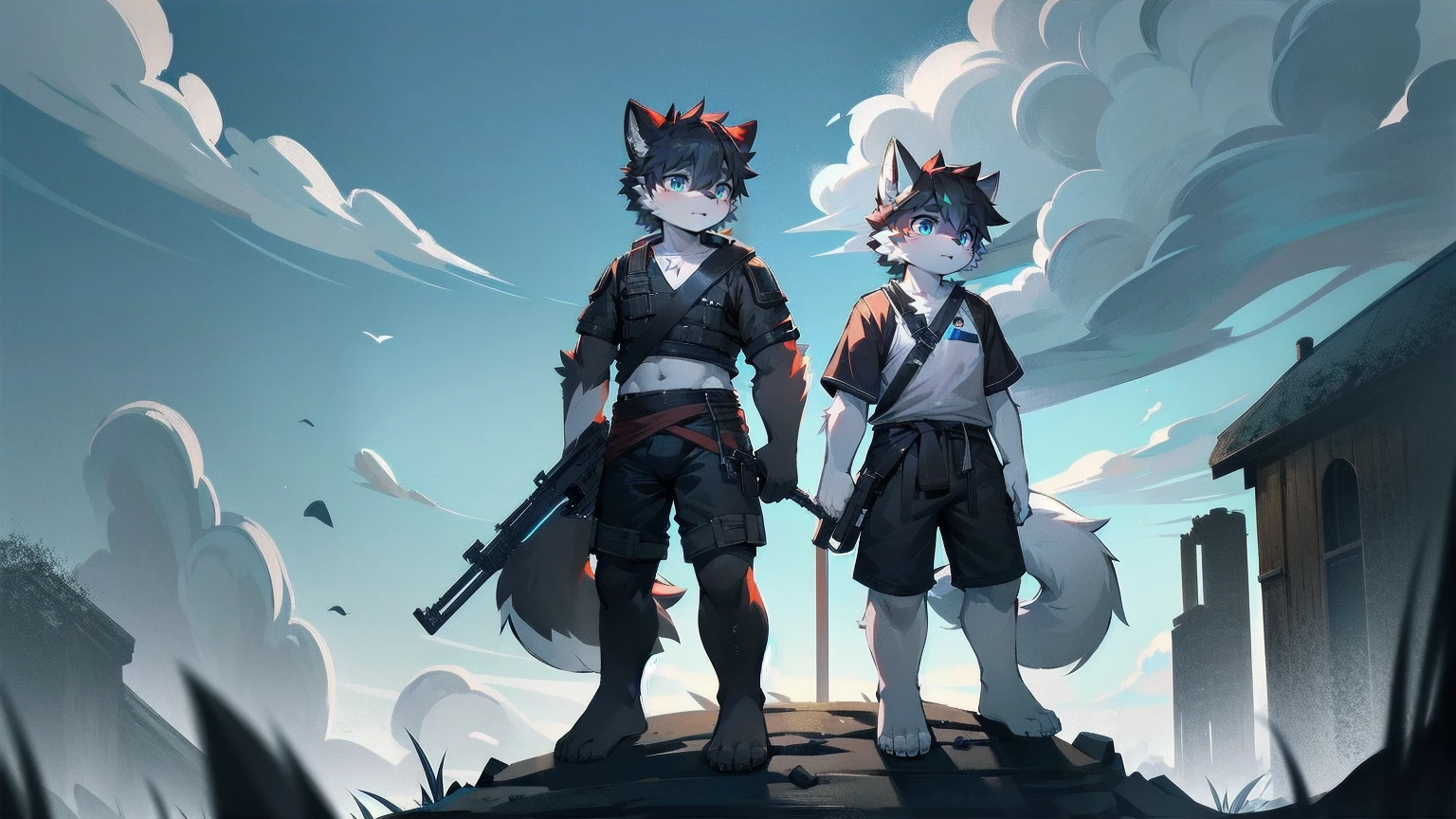 White Wolf,male,juvenile,Off-white fur,black hair,Sky blue eyes,hairy,Wolf ears,Wolf Tail,Black combat uniform,Black body armor,Short sleeve,arm,Holding a gun,aim,Black shorts,Expose calves,foot,Red neck bib,wind,Highest quality