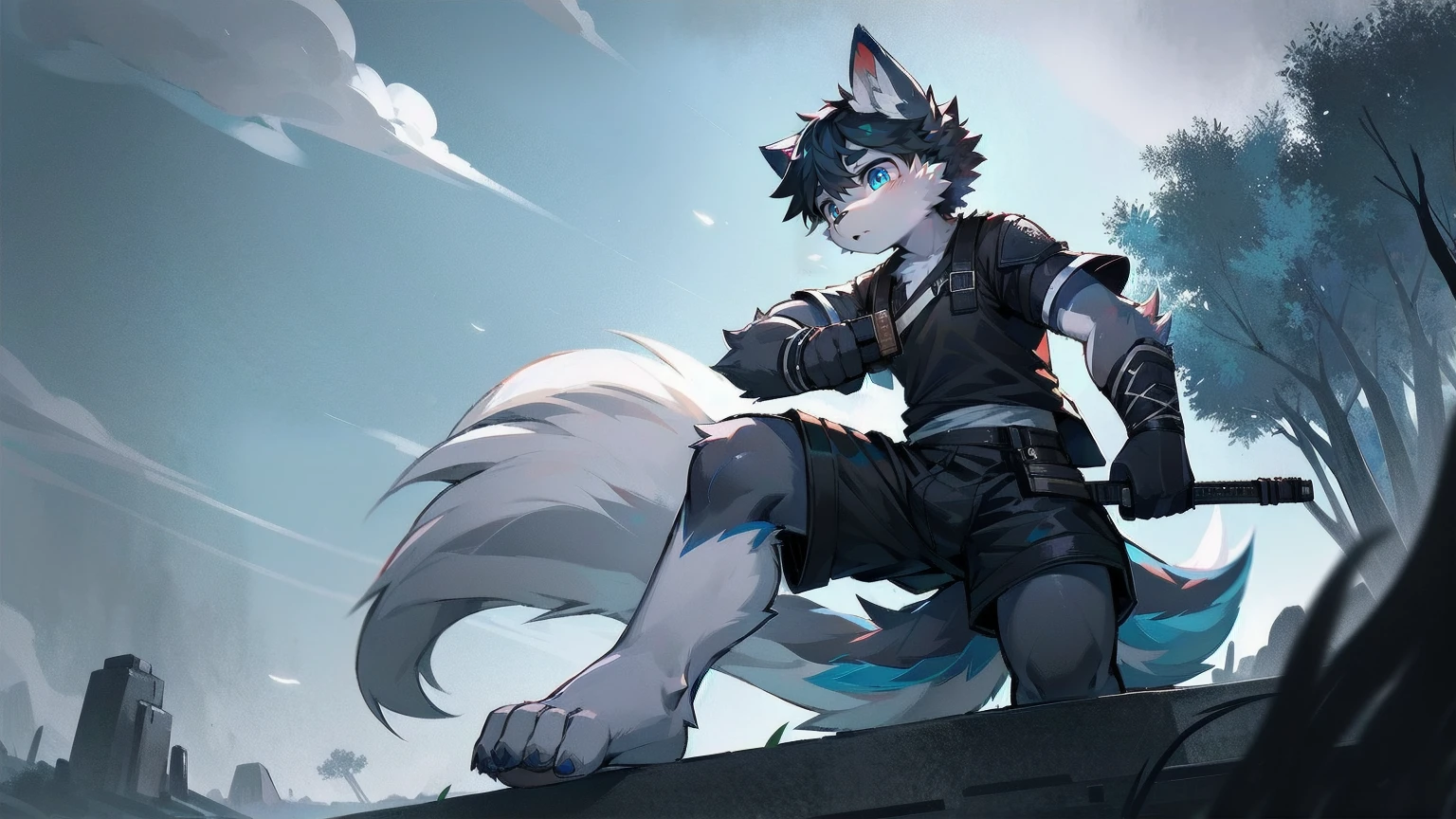 White Wolf,male,juvenile,Off-white fur,black hair,Sky blue eyes,hairy,Wolf ears,Wolf Tail,Black combat uniform,Black body armor,Short sleeve,arm,Holding a gun,aim,Black shorts,Expose calves,foot,Red neck bib,wind,Highest quality