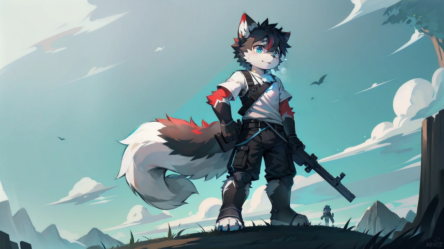 White Wolf，male，juvenile，Off-white fur，black hair，Sky blue eyes，hairy，Wolf ears，Wolf Tail，Black combat uniform，Black body armor，Short sleeve，arm，Holding a gun，aim，Black shorts，Expose calves，foot，Red neck bib，wind，Highest quality