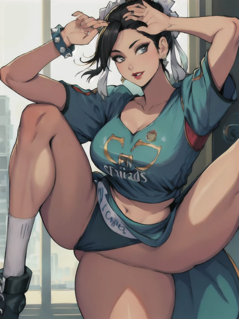 ChunLi, wearing a black thong, underwear, solo, panties, (((wearing a white Real Madrid shirt))), (perfectly proportioned body:1.1), (((chinese city)), soft lighting, smilling ,(solo)),  (standing on one leg:1.2), (standing split:1.3), hand holding one leg up, (black panties), clothes writing, (alone). ((solo:1.5)), big red lips, cameltoe, 1 girl, white Real Madrid shirt, [[[(((big hips)))]]]], perfectly round breasts, hourglass body.  shiny skin, watching the viewer, beautiful hair, beautiful face, beautiful detailed eyes, babyface, beautiful clavicle, beautiful body, beautiful breasts, large breasts:0.5,