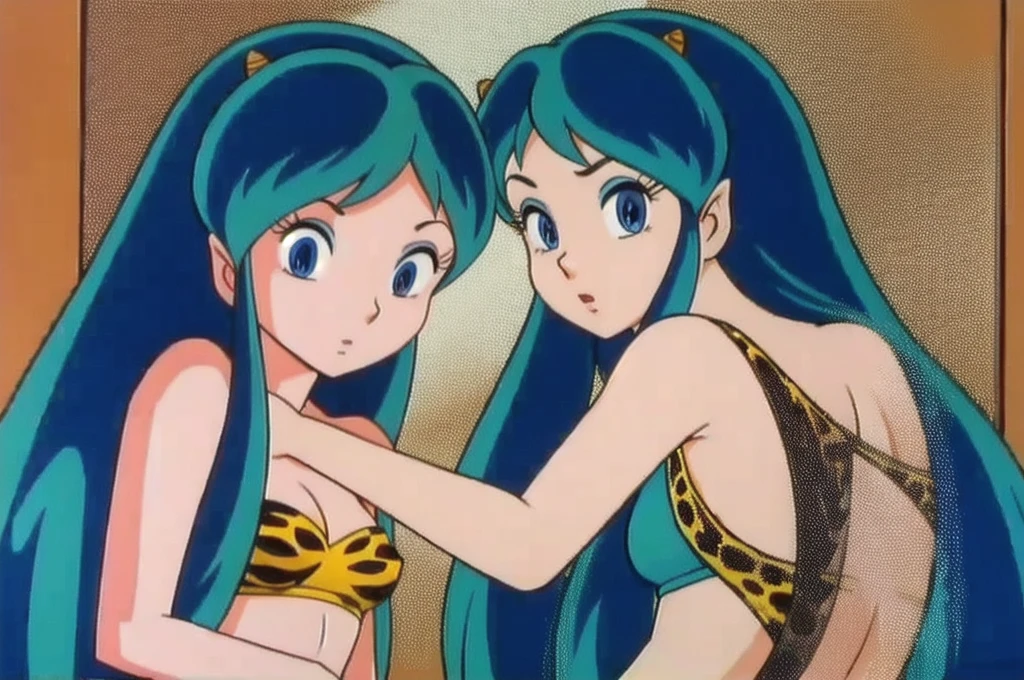 (Realistic:1.5) a girl, solo, long hair, blue eyes, green hair, horns, leopard tank top,