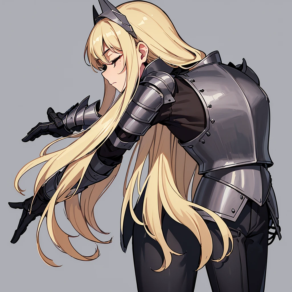(((Solo)))、Highest quality, Best Quality、、Best illustrations、(((Gray simple armor、Black trousers、Black gloves))、(woman、18-year-old)、(Blonde、Long Hair)、(White background)、(From the back)、(Close your eyes、smile、smile)、wave hands