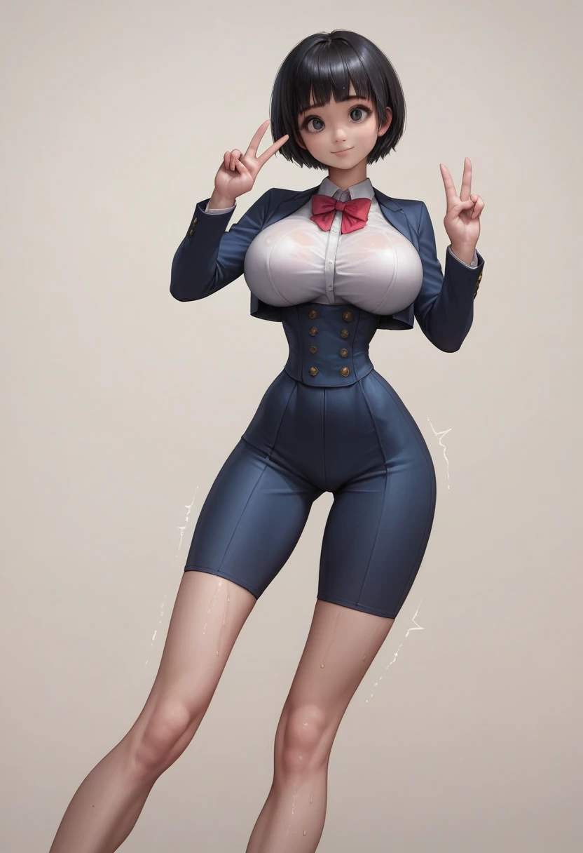 (masterpiece, best quality:1.2), Realistic, front shot, 1girl, kawaii, (super big breasts, micro waist, very long legs:1.4), Big Ass, Black hair, short bob hair, short height, scrawny and thin body, Light real Skin, cute big eyes, tiny slender cute face, detailed face, Tight school blazer, miniskirt, pigeon-toed, wet and sweaty, big visible ribs, V sign, Trembling