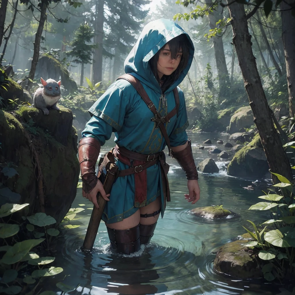 water dwarf in the forest with medieval adventurer outfit hood