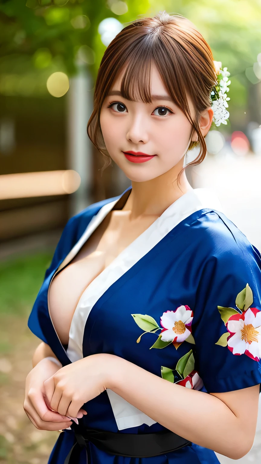 Perfect lighting, high quality, Tabletop, Portraiture, One Girl, Japanese girl, Blue yukata, Big Breasts, Cleavage, Brown eyes, Light brown hair, Light Smile, Break Festival, Floral, Komono, lanthanum, Red lips,short hair, Long sleeve, Dynamic pose, Motion Blur, heart, Outdoor rest, paper lanthanums, Realistic, alone, Summer festival,