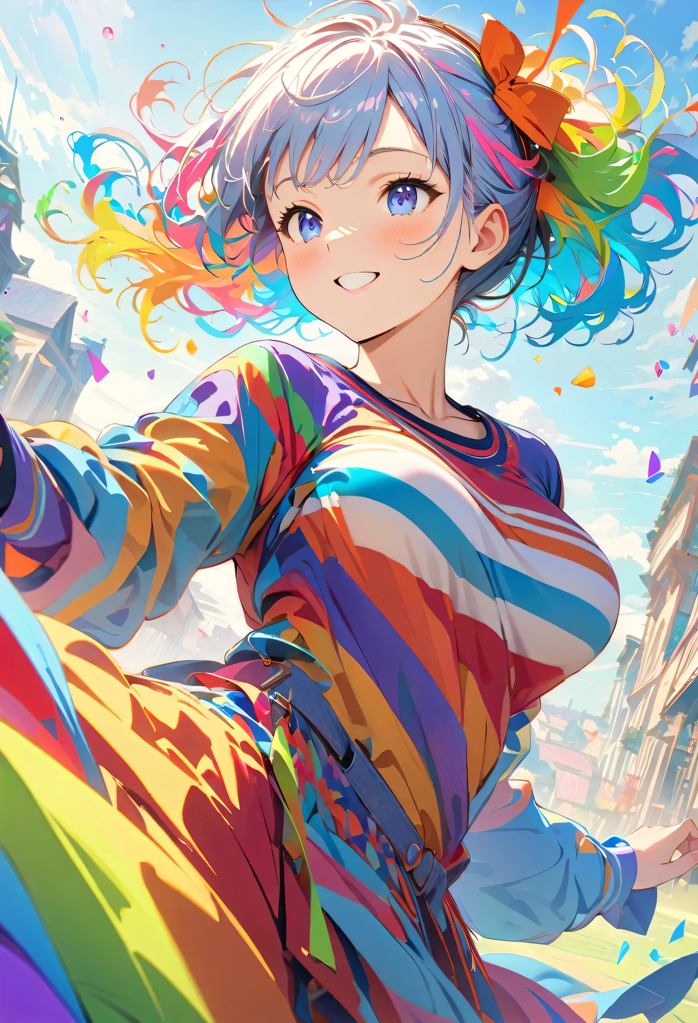 (masterpiece, Highest quality, Official Art:1.2), (colorful), Perfect Anatomy, Looking at the audience,One Girl, alone, White Background, floating colorful water, Ultra-fine illustrations, Highly Details, Dynamic Angle, Beautiful detailed, 8K, 壊す smiling amidst the colorful scenes, (High resolution), Anime Style, Dynamic Angle