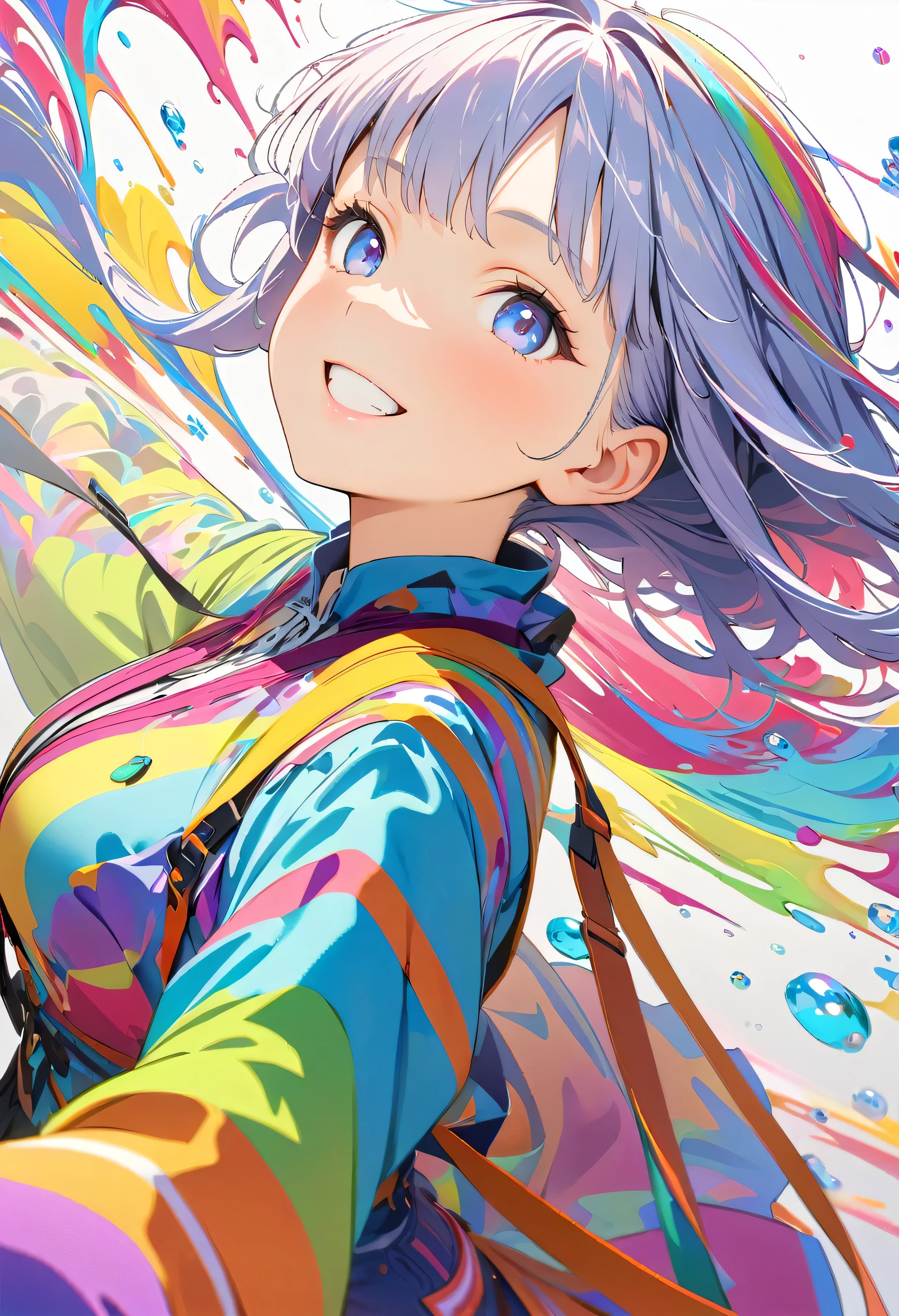 (masterpiece, Highest quality, Official Art:1.2), (colorful), Perfect Anatomy, Looking at the audience,One Girl, alone, White Background, floating colorful water, Ultra-fine illustrations, Highly Details, Dynamic Angle, Beautiful detailed, 8K, 壊す smiling amidst the colorful scenes, (High resolution), Anime Style, Dynamic Angle