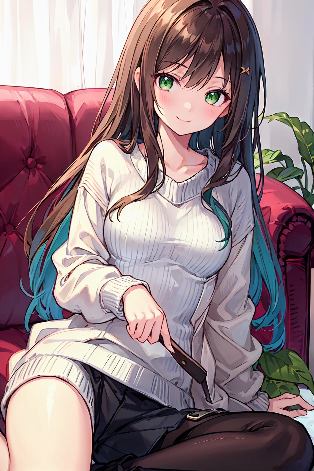 Beautifully detailed、High resolution portrait masterpiece of a girl with long hair。, Shiny brown hair and captivating green eyes, Wear a cozy sweater、Gorgeous Smile,Small breasts,Slender body