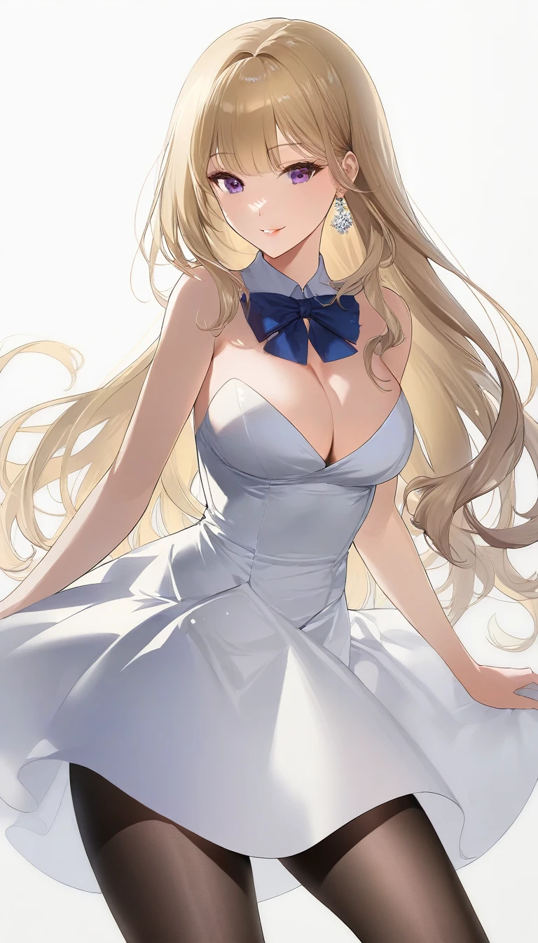 (1girl,20 years old,mature female),blonde hair,long hair,white dress, sleeveless, bow tie, bare shoulders,smile,cleavage,pantyhose,((white background)), aesthetic, detailed, beautiful color amazing quality, best quality, high quality