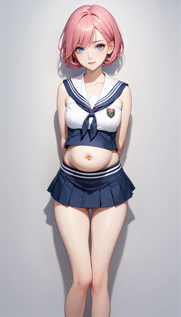 (((masterpiece))),(((High resolution)))、(((8K quality)))、(((Perfect Face)))、((Top quality eyes)), One Girl、24-years-old、Best Bust、Medium Chest、Beautiful Eyes、hot pink hair, Very short hair、blue eyes、Short-sleeved sailor suit、((belly button))、mini skirt、full body shot, front、smile、Simple Background、In front of a white wall