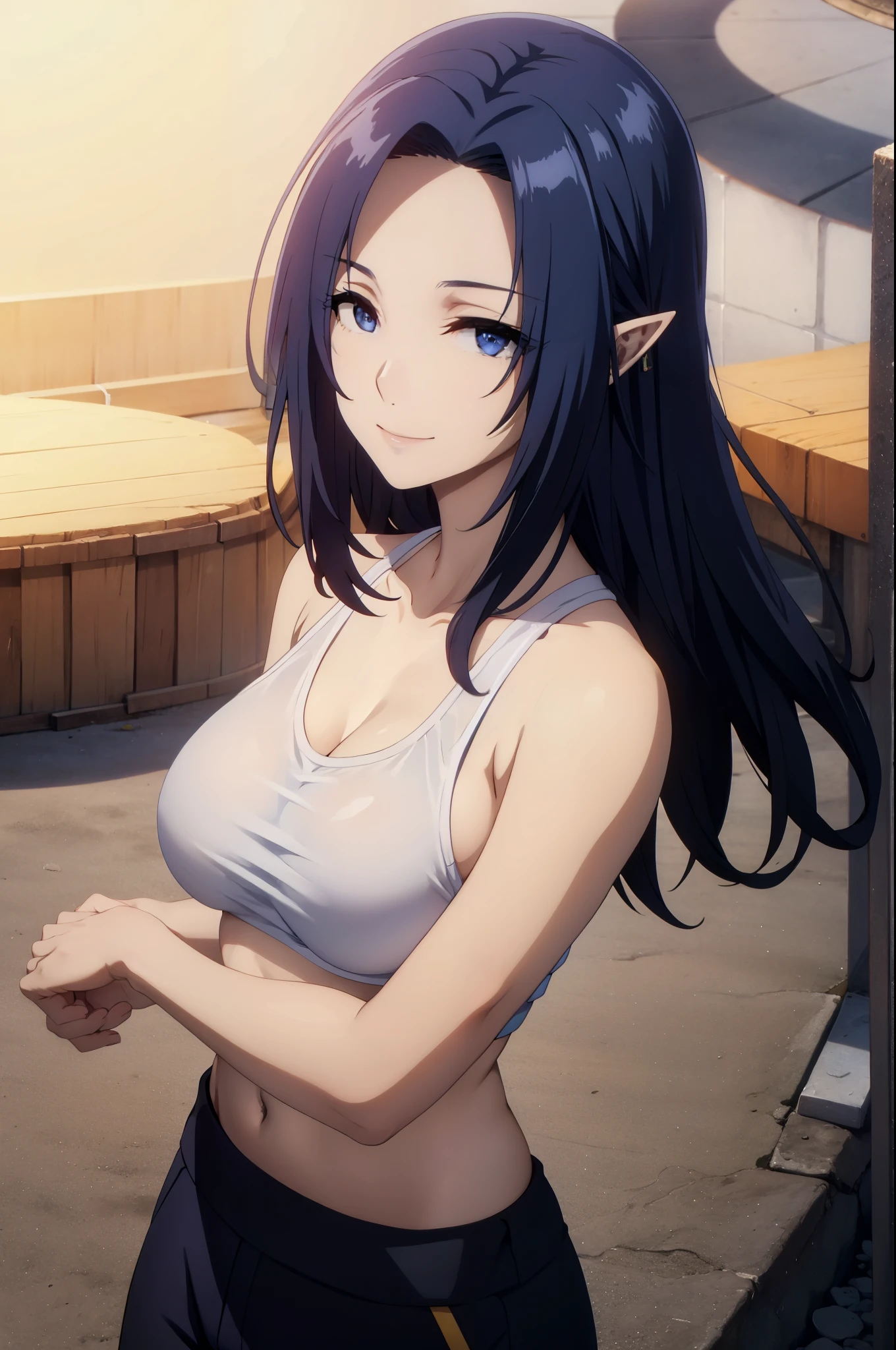 blue hair,blue eyes,masterpiece, best quality, photorealistic, yujiasuit, yoga sports bra, yoga pants, 1girl, solo, , yoga ball, pants, looking at viewer, smile, green sports bra, simple background, , midriff, long hair, breasts, green pants, sportswear, tank top, upper body,long hair,blue eyes,pointy ears,elf