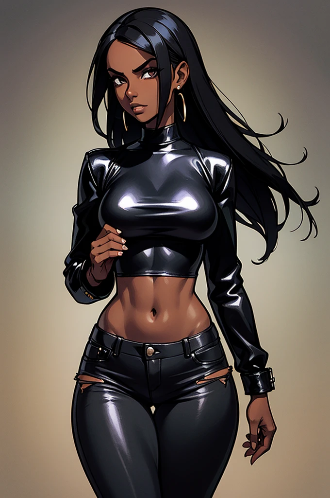 1 female, dark skin, slanty eyes, loop earings, long black straight hair, skimpy dress, black leather jacket crop top, Tight jeans, slim waist, fiesty look, Masterpiece, 4k, University background