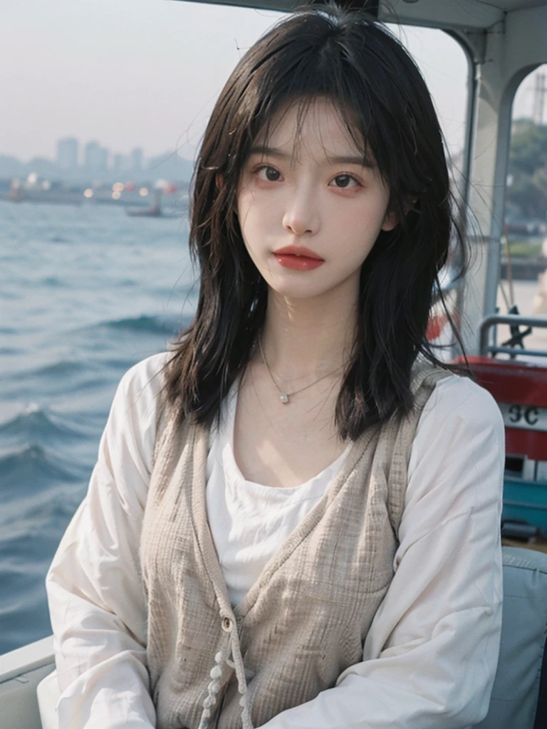 Film portrait photography, 1girls, Lipstick, (big chest:1.2), Wear a necklace, Cute expression, Exquisite makeup, Vest, serene, calm, (Realistic and detailed eyes, Natural skin texture, Realistic facial details), Soft dramatic lighting, Vibrant details, Detailed and detailed, Surreal, 35mm film, hazy, outdoor, Seaside background, seaside, Depth of Field, Bokeh