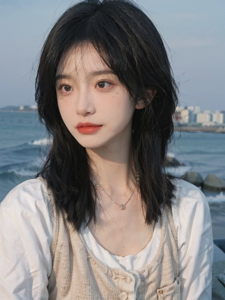Film portrait photography, 1girls, Lipstick, (big chest:1.2), Wear a necklace, Cute expression, Exquisite makeup, Vest, serene, calm, (Realistic and detailed eyes, Natural skin texture, Realistic facial details), Soft dramatic lighting, Vibrant details, Detailed and detailed, Surreal, 35mm film, hazy, outdoor, Seaside background, seaside, Depth of Field, Bokeh