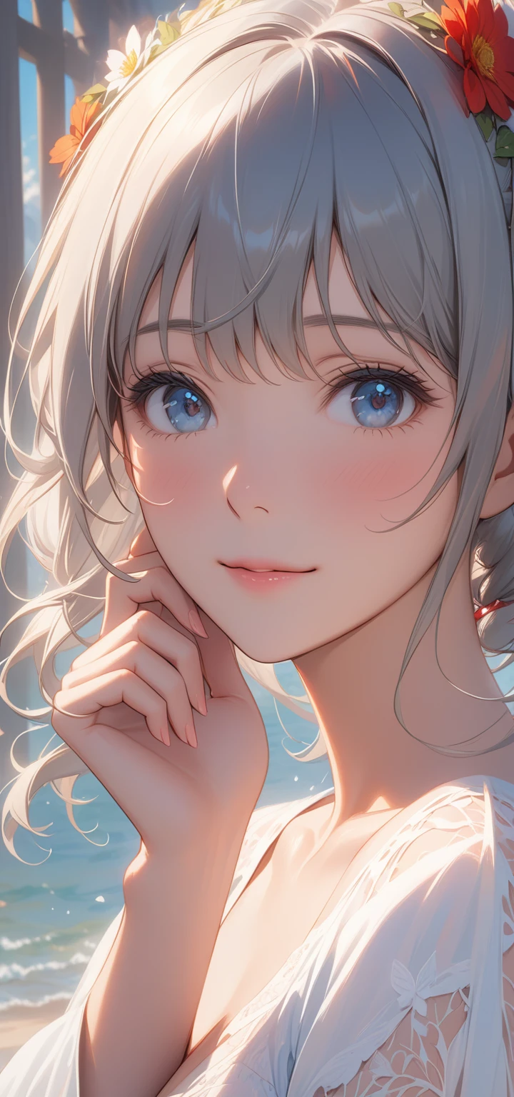 masterpiece, Highest quality, Super Detail, 8K, Detail Light, Detailed Shadows, born, (Delicate skin), (Genuine: 1.2),, 1 Girl, Gray Hair, one piece ,Eye close-up, write, smile