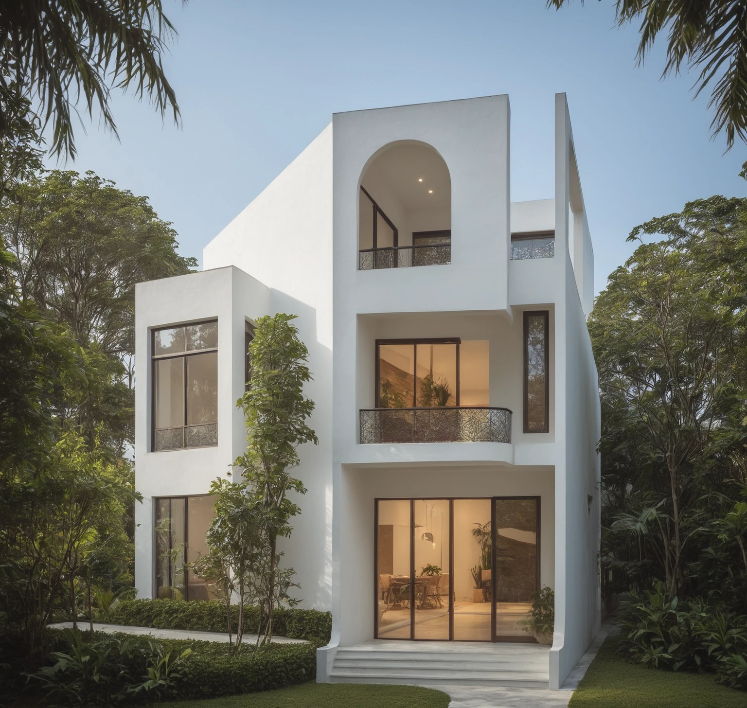 RAW photo,Masterpiece, high quality, best quality, authentic, super detail,
modern house, exterior, modern house with white wall and windows, daylight, tropical trees, tropical garden, the street on Viet Nam, archdaily architecture,
(high detailed :1.2), 8k uhd, dslr, soft lighting, high quality, film grain, Fujifilm XT3