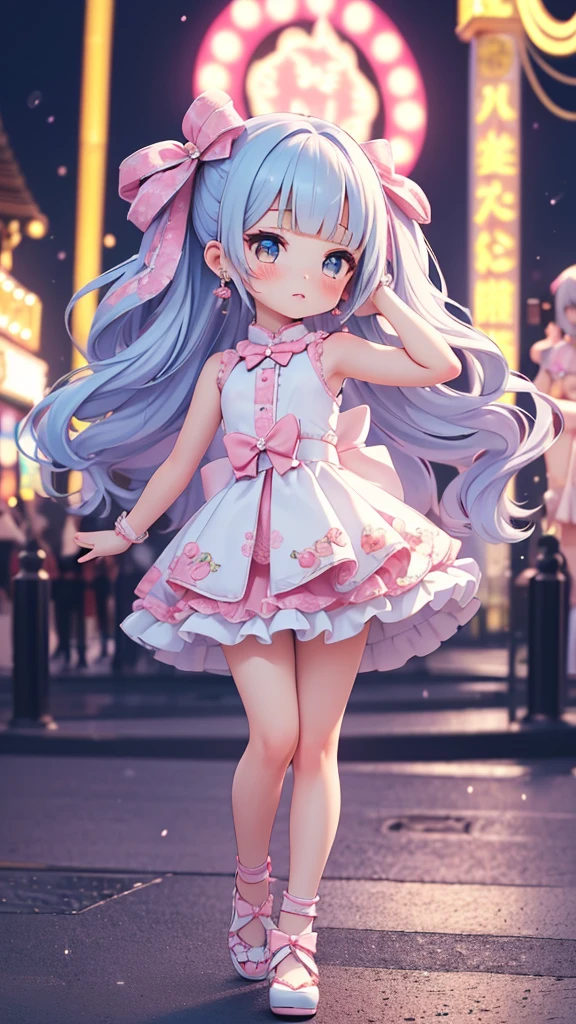 (((bishojo, two girls))), ((kawaii  face)), ((kawaii  eyes)), (masterpiece), (top quality), (hyper detailed), (exquisite), (depth), (crisp), (8k), (beautiful and aesthetic), (super detailed skin), (high standard), (high resolution), (perfect anatomy), ((full body)), (blush), (bow in hair), (((arm pits))), (blunt bangs), (earrings), (sleeveless, idol costume), (night, amusement park)