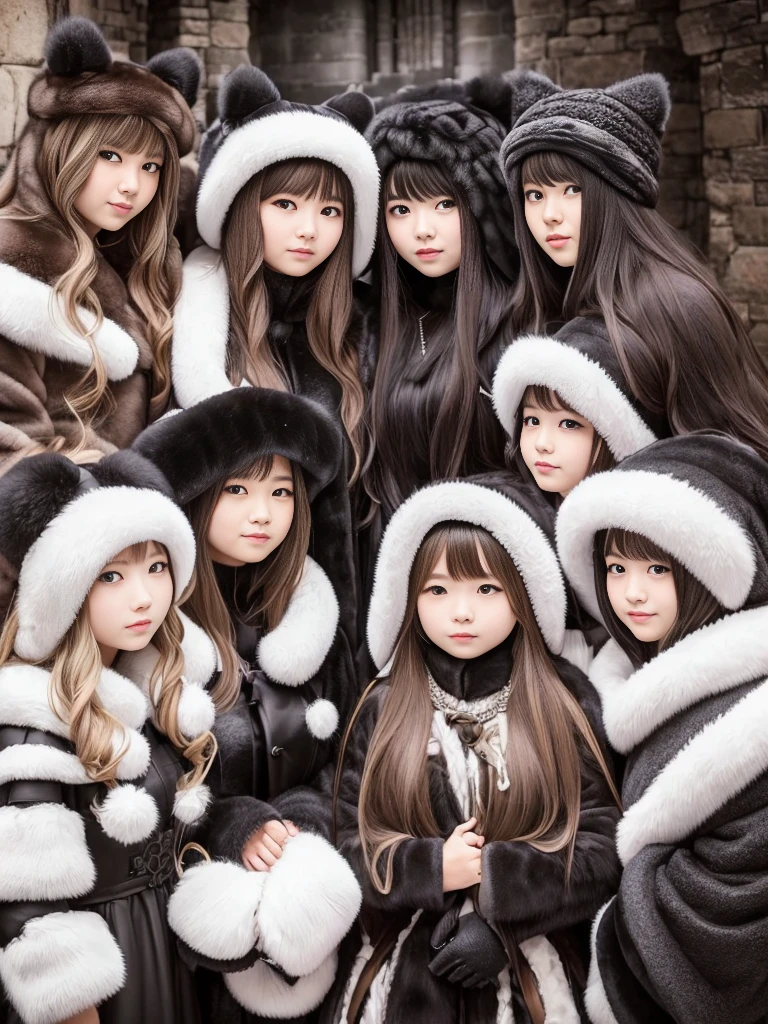 fluffyの毛皮。fluffy、Surrounded by fair-skinned girls。Women wearing fur dresses and veils covering their faces are lined up。Beautiful women in luxurious furs。The dark dungeon of an old stone castle。Fisheye Lens、Fur coat。Multiple women。