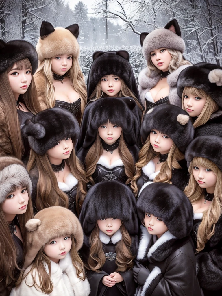 fluffyの毛皮。fluffy、Surrounded by fair-skinned, young-looking Russian girls。Women wearing fur dresses and veils covering their faces are lined up。Beautiful women in luxurious furs。The dark dungeon of an old stone castle。Fisheye Lens、Fur coat。Multiple women。