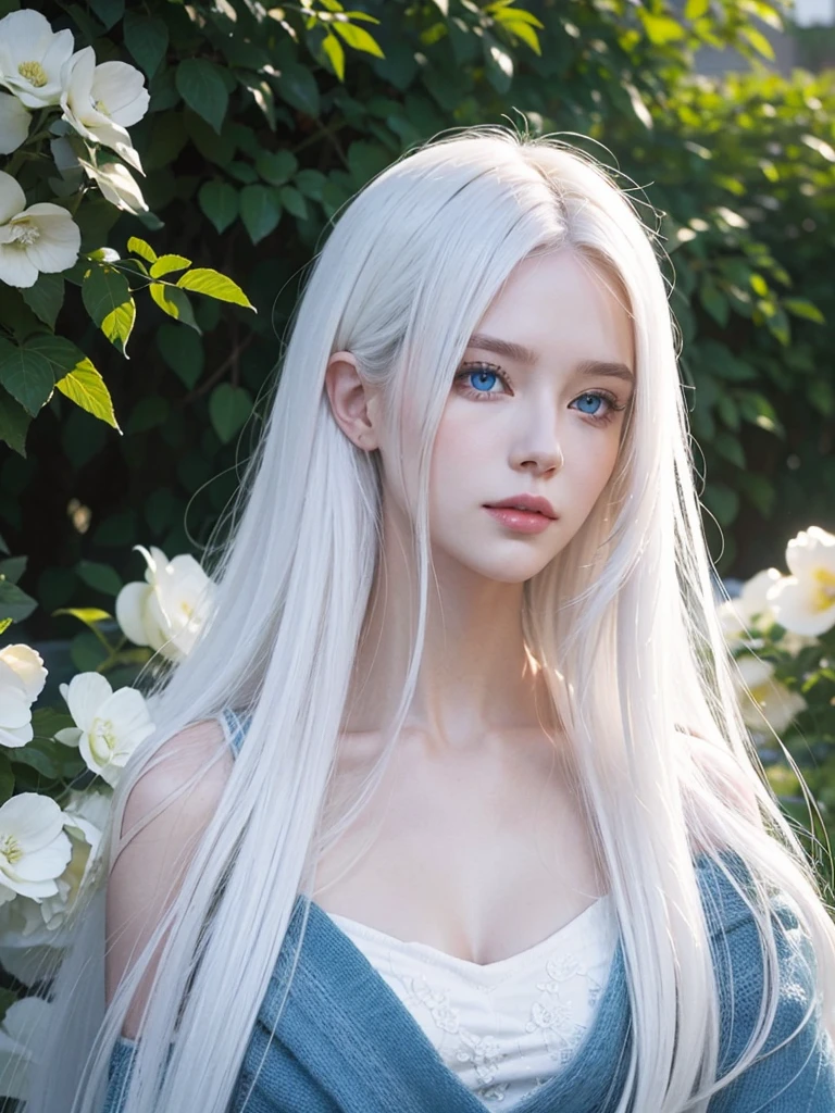 Long white hair, blue eyes, serious features, white skin, loose style, in a garden, with flowers 