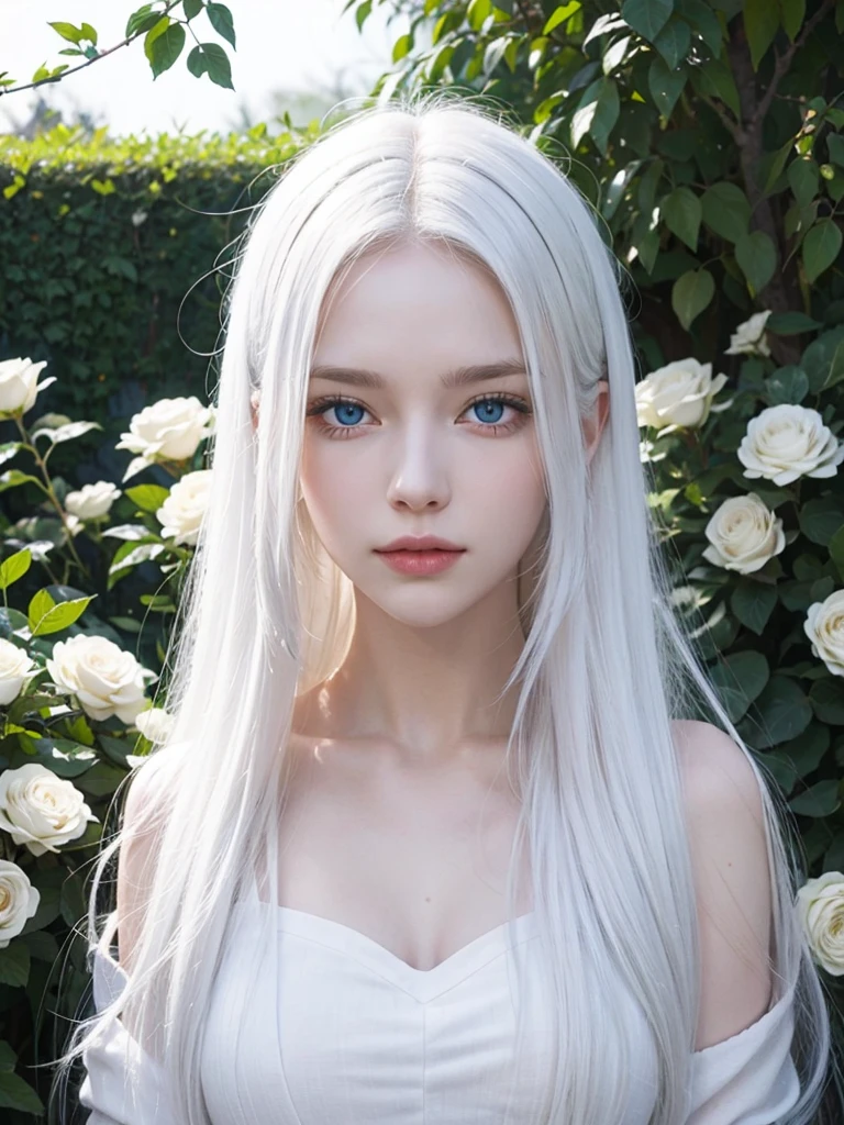 Long white hair, blue eyes, serious features, white skin, loose style, in a garden, with flowers