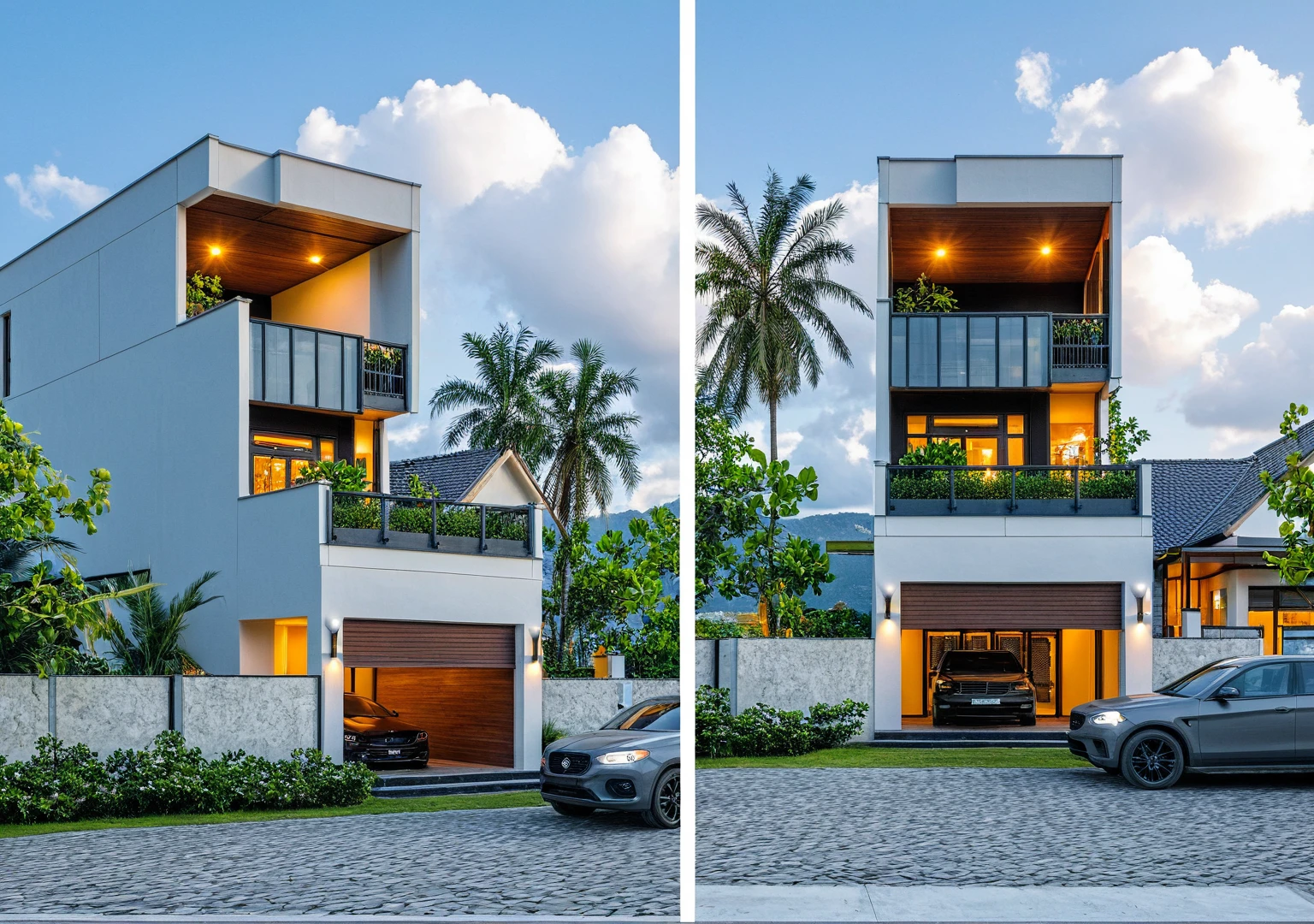 Masterpiece, high quality, best quality, authentic, super detail, outdoors, onestoreyvillaXL, aiaigroup, house style modern on the street ,stairs, white wall ,road,pavement, grass, trees, sky, cloud, (daylight:1.1)