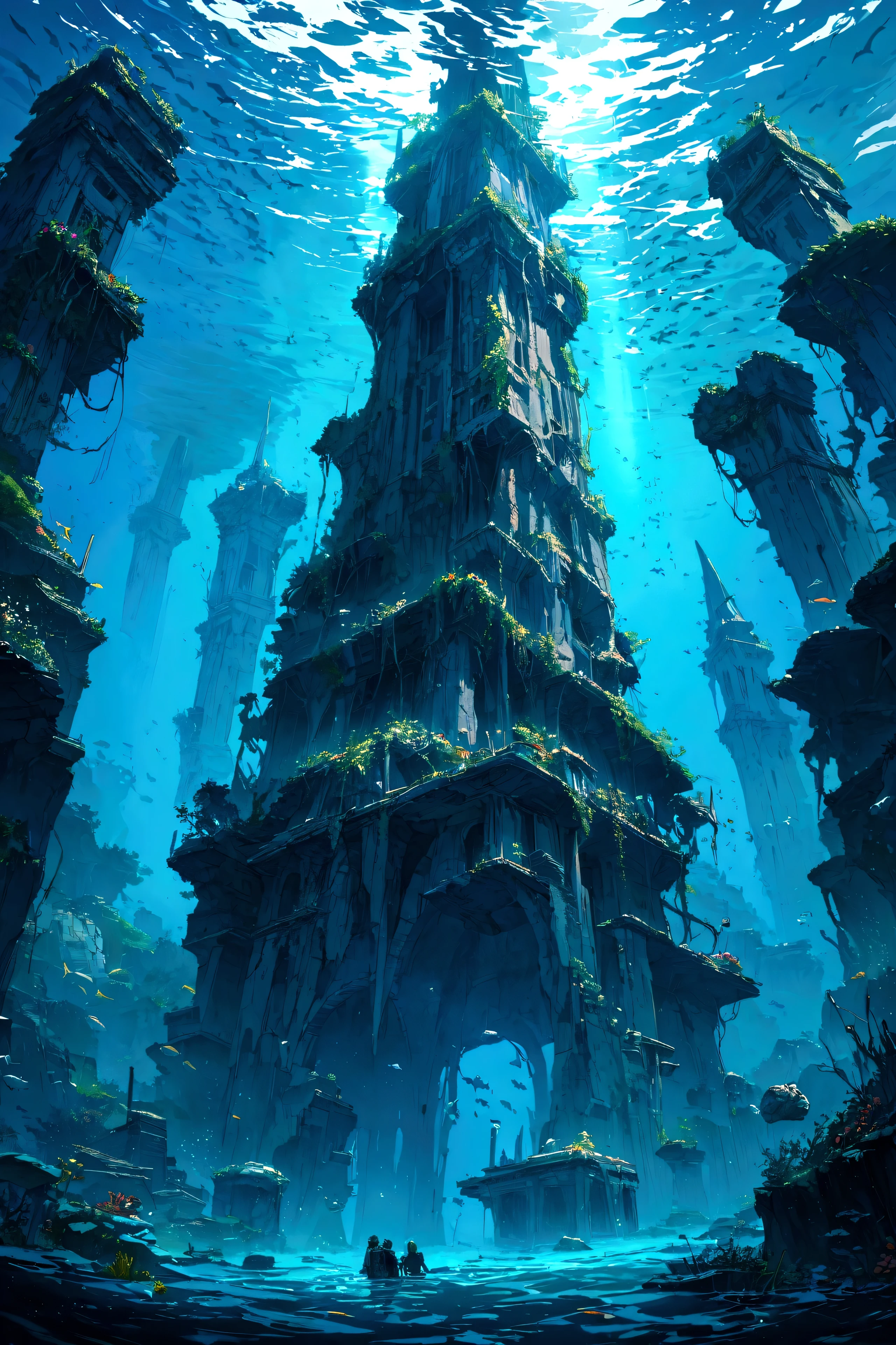 Submerged ruins of a tall tower, The world after civilization and humanity have disappeared, Blue sky seen from underwater, Deep Underwater, Uninhabited World, Beautiful Blue, High resolution, masterpiece, fine, 8K