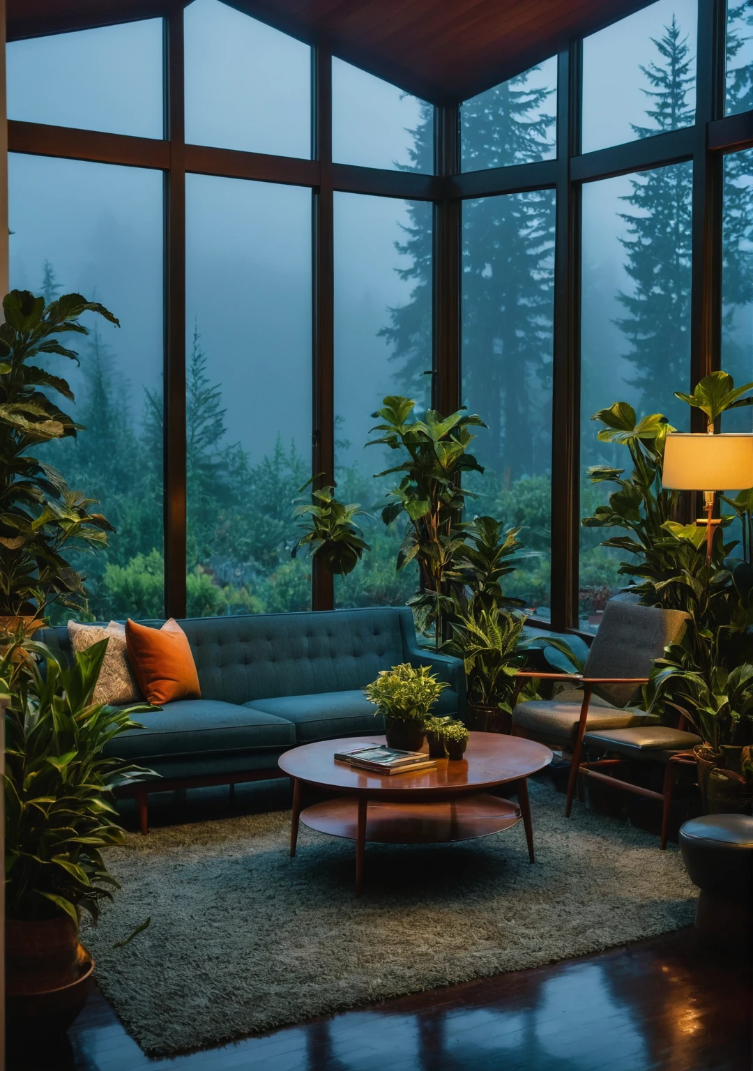 ((mid century modern living room)), dimly lit, (foggy rainy evening:1.2), pacific northwest, (dim lighting:1.2), (moody lighting:1.3), plants, large plants, many plants, (foggy windows:1.2), masterpiece, best quality, twilight hour, blue hour