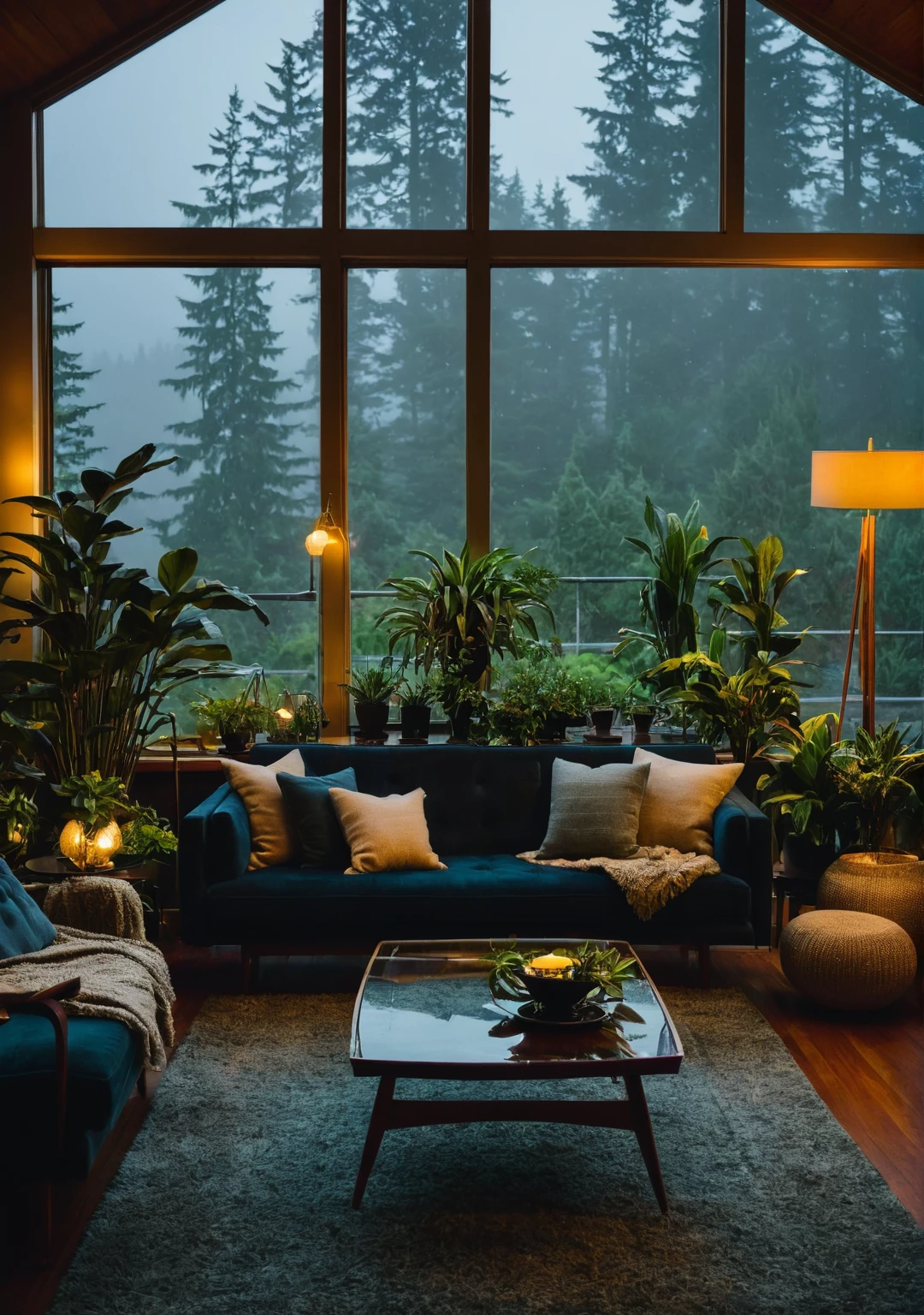 ((mid century modern living room)), dimly lit, (foggy rainy evening:1.2), pacific northwest, (dim lighting:1.2), (moody lighting:1.3), plants, large plants, many plants, (foggy windows:1.2), masterpiece, best quality, twilight hour, blue hour