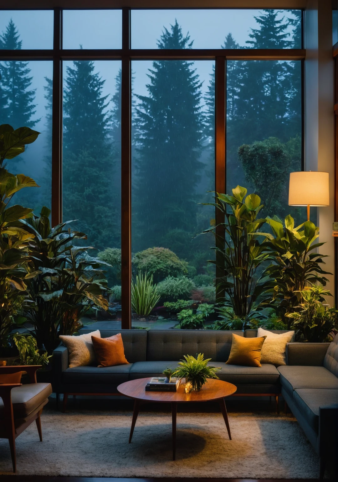((mid century modern living room)), dimly lit, (foggy rainy evening:1.2), pacific northwest, (dim lighting:1.2), (moody lighting:1.3), plants, large plants, many plants, (foggy windows:1.2), masterpiece, best quality, twilight hour, blue hour