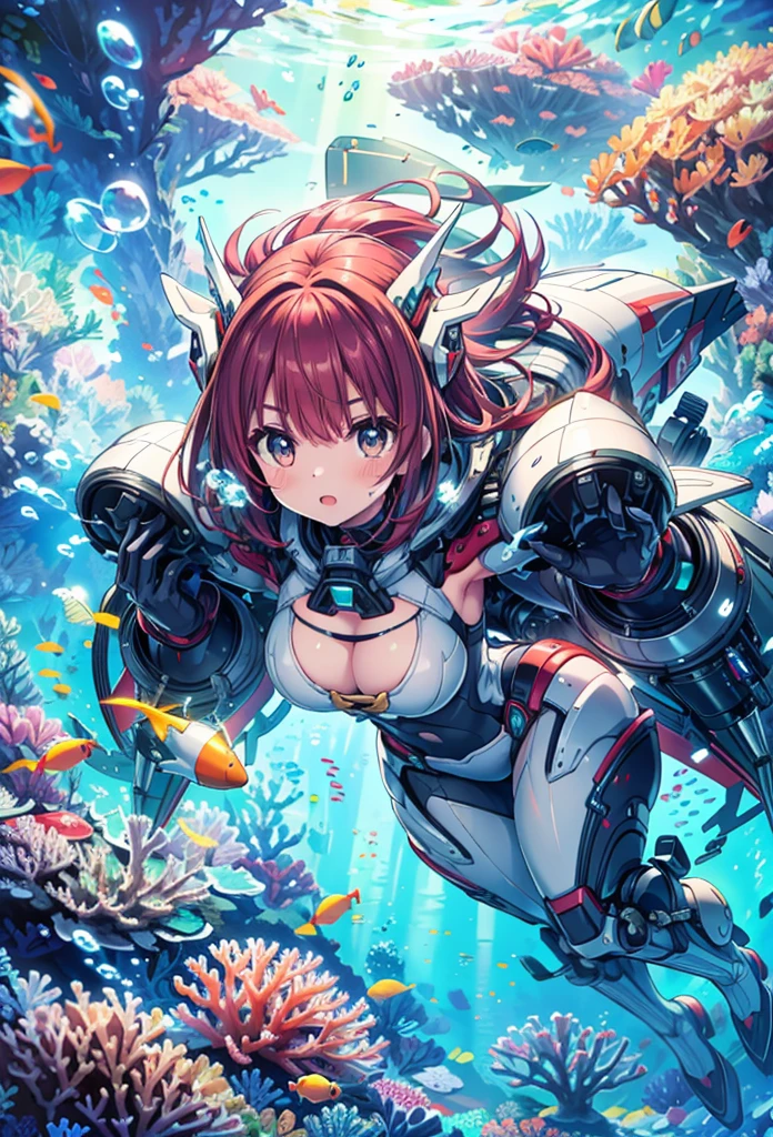 masterpiece, best quality, high resolution, extremely detailed CG, absurdres, highres, 1girl, solo, a girl in mech suit moving fast with rocket boosters under the sea,headgear,Thighs, cleavage,  jets, torpedo, arounded by bubbles, coral, red_hair,