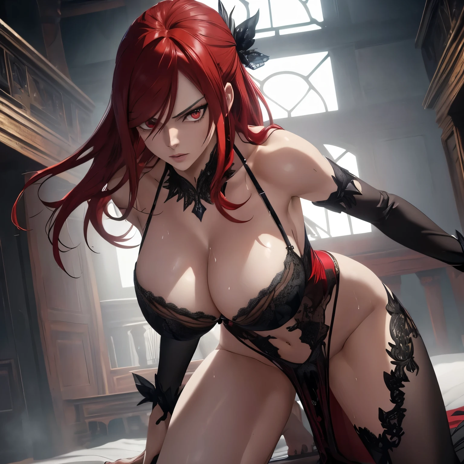 Best Quality,8k,high resolution,Masterpiece:1.2), (ultra detailed), (unclothed) (NSFW not safe for work art), (Erza Scarlet) (Fairy Tail Settings), (pose sexual), (realist,photorealist,photo-realist:1.37), (HDR,HD), (portrait), (vivid colors), (long legs), (clearly elongated face), (Hermosos detailed eyes), (dark red eyes profundos), (beautiful detailed lips), (extremely detailed eyes and face), bright Eyes, dark red eyes:1.5 (long red hair), (red hair cover one eye), Dynamic angle and posture, soaked in sweat, perspiration, undressing (long eyelashes), (short hair between eyes black), (sharp focus), (physically based rendering), (unclothed), (BIG BREASTS) (open legs), (intense), (expression of intense desire), (motion blur), (elegant), (slim figure), (anime inspired), (bright lights), (sexual), (contrasting colors), (mysterious atmosphere), (action packed scene), (Unique style), (striking), (Handsome), (evocative), (expressive), (Intriguing atmosphere), (giant breasts:1.2) ((Best Quality)),((Very detailed)),Masterpiece,absurdities,detailed face,beautiful face,(detailed eyes, deep eyes),(1 girl),((dynamic pose)), erotic lingerie
