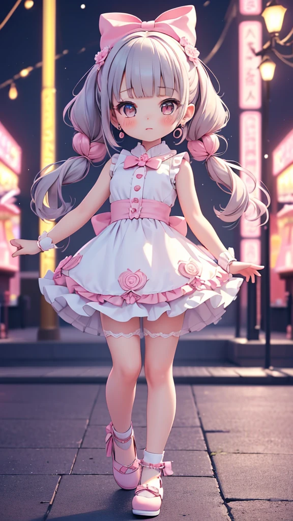 ((petite bishojo, little girl)), ((kawaii face)), ((kawaii eyes)), ((masterpiece)), ((best quality)), ((ultra detailed)), (exquisite), (depth), (crisp), (16k), (beautiful and aesthetic), (super detailed skin), ((high standard)), ((highres)), (perfect anatomy), (full body), (blush), (lipstick), ((kawaii pose)), (strap slip), (barefoot), (coquettish)