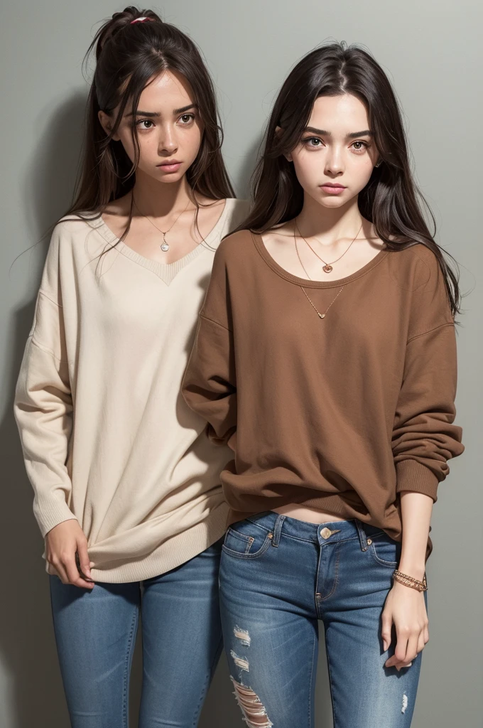 Nessa imagem, we have a thin woman, with medium length messy hair, in copper or light brown tones. She wears an oversized sweatshirt and jeans, in neutral colors like gray, light blue or beige. Your skin is pale, with visible dark circles, and your eyes are big and wide, with a constantly worried expression. She may wear a discreet necklace or a bracelet that she fidgets with nervously. His face shows an anxious expression, with frequently raised eyebrows, and your hands are often holding your arms, twisting your fingers or biting your nails. Your posture is slightly hunched forward, giving the impression of cowering or trying to protect herself.