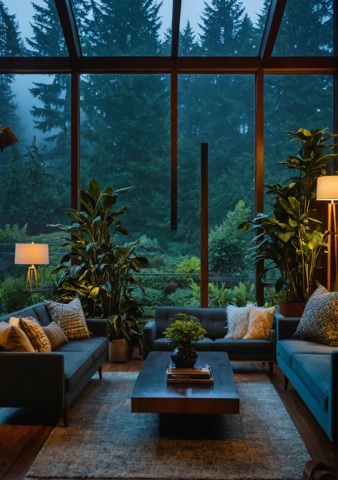 ((mid century modern living room)), dimly lit, (foggy rainy evening:1.2), pacific northwest, (dim lighting:1.2), (moody lighting:1.3), plants, large plants, many plants, (foggy windows:1.2), masterpiece, best quality, twilight hour, blue hour