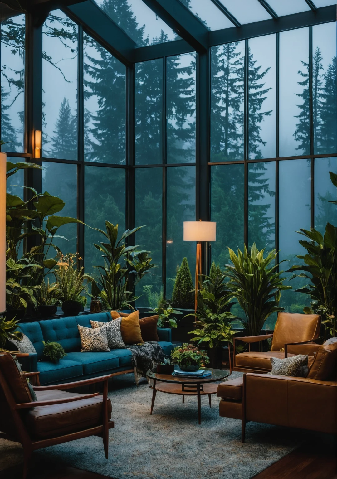 ((mid century modern living room)), dimly lit, (foggy rainy evening:1.2), pacific northwest, (dim lighting:1.2), (moody lighting:1.3), plants, large plants, many plants, (foggy windows:1.2), masterpiece, best quality, twilight hour, blue hour