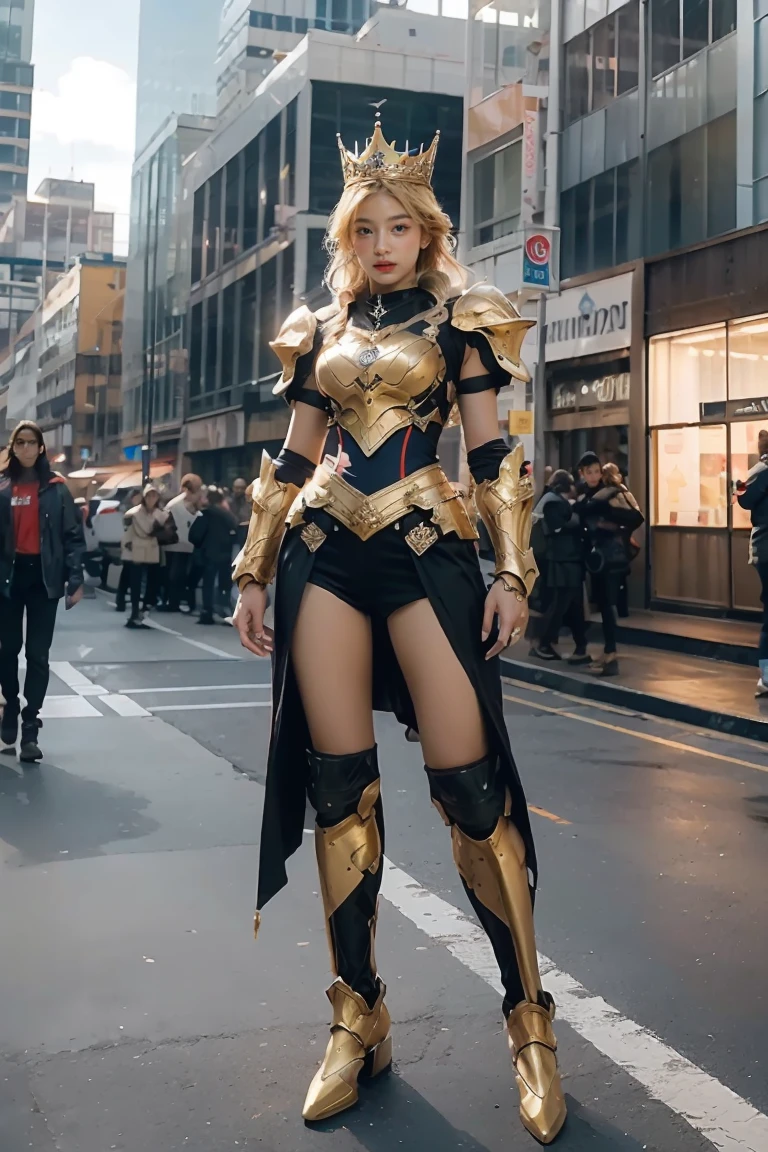 A woman adorned in fantasy-style full-body armor, a crown-concept fully enclosed helmet that unveils only her eyes, a composite layered chest plate, fully encompassing shoulder and hand guards, a lightweight waist armor, form-fitting shin guards, the overall design is heavy-duty yet flexible, ((the armor gleams with a golden glow, complemented by red and blue accents)), exhibiting a noble aura, she floats above a fantasy-surreal high-tech city, this character embodies a finely crafted fantasy-surreal style armored hero in anime style, exquisite and mature manga art style, (Queen bee mixed with Spider concept Armor), ((Nordic, elegant, goddess, femminine:1.5)), metallic, high definition, best quality, highres, ultra-detailed, ultra-fine painting, extremely delicate, professional, anatomically correct, symmetrical face, extremely detailed eyes and face, high quality eyes, creativity, RAW photo, UHD, 32k, Natural light, cinematic lighting, masterpiece-anatomy-perfect, masterpiece:1.5