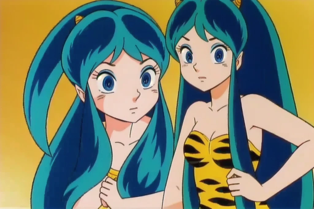 (Realistic:1.5) a girl, solo, long hair, blue eyes, green hair, horns, leopard tank top, yellow background